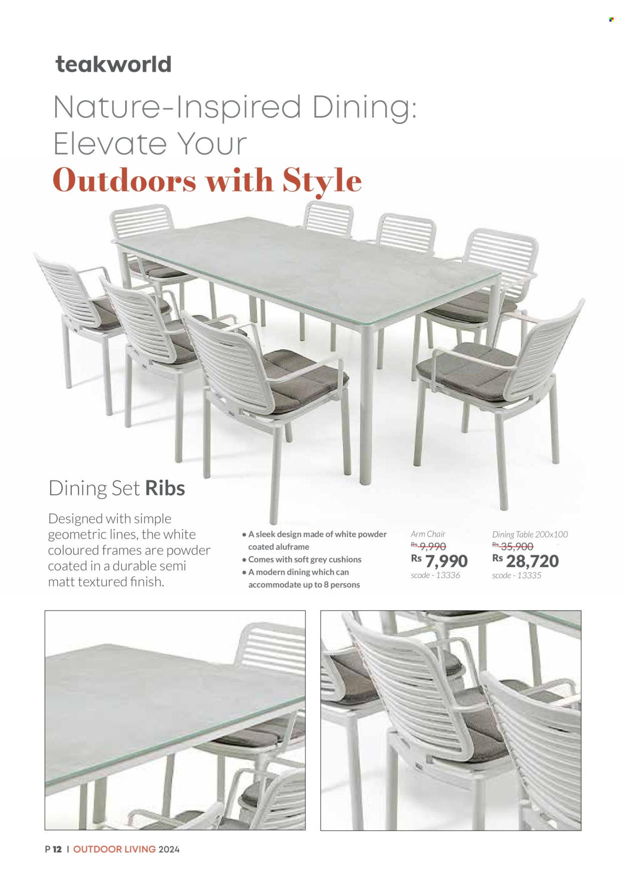 thumbnail - Teak World Catalogue - Sales products - dining set, dining table, table, chair, arm chair, cushion. Page 12.