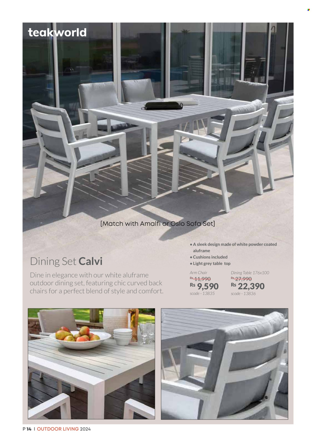 thumbnail - Teak World Catalogue - Sales products - dining set, dining table, chair, arm chair, sofa, seating set, cushion. Page 14.