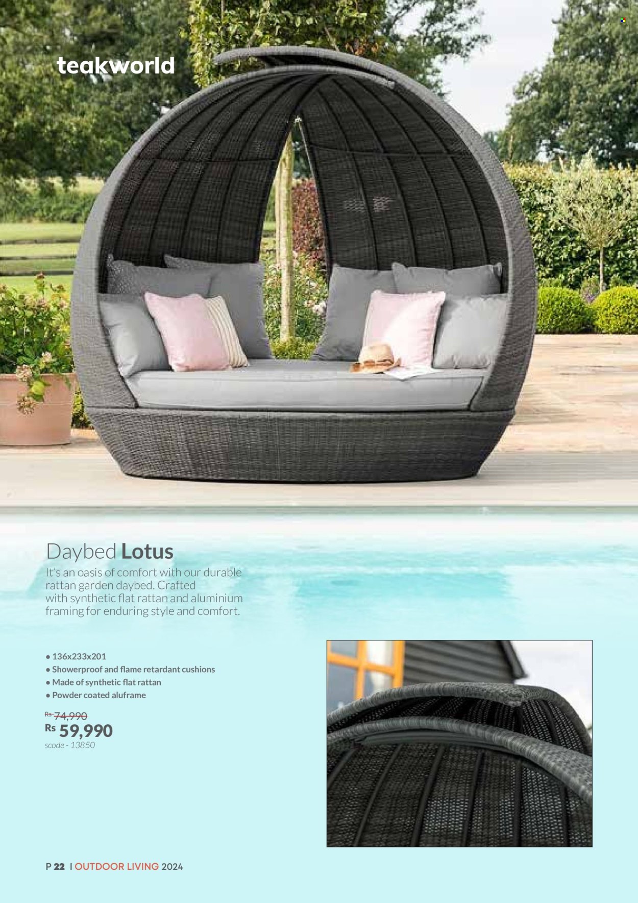 thumbnail - Teak World Catalogue - Sales products - daybed, Lotus, cushion. Page 22.