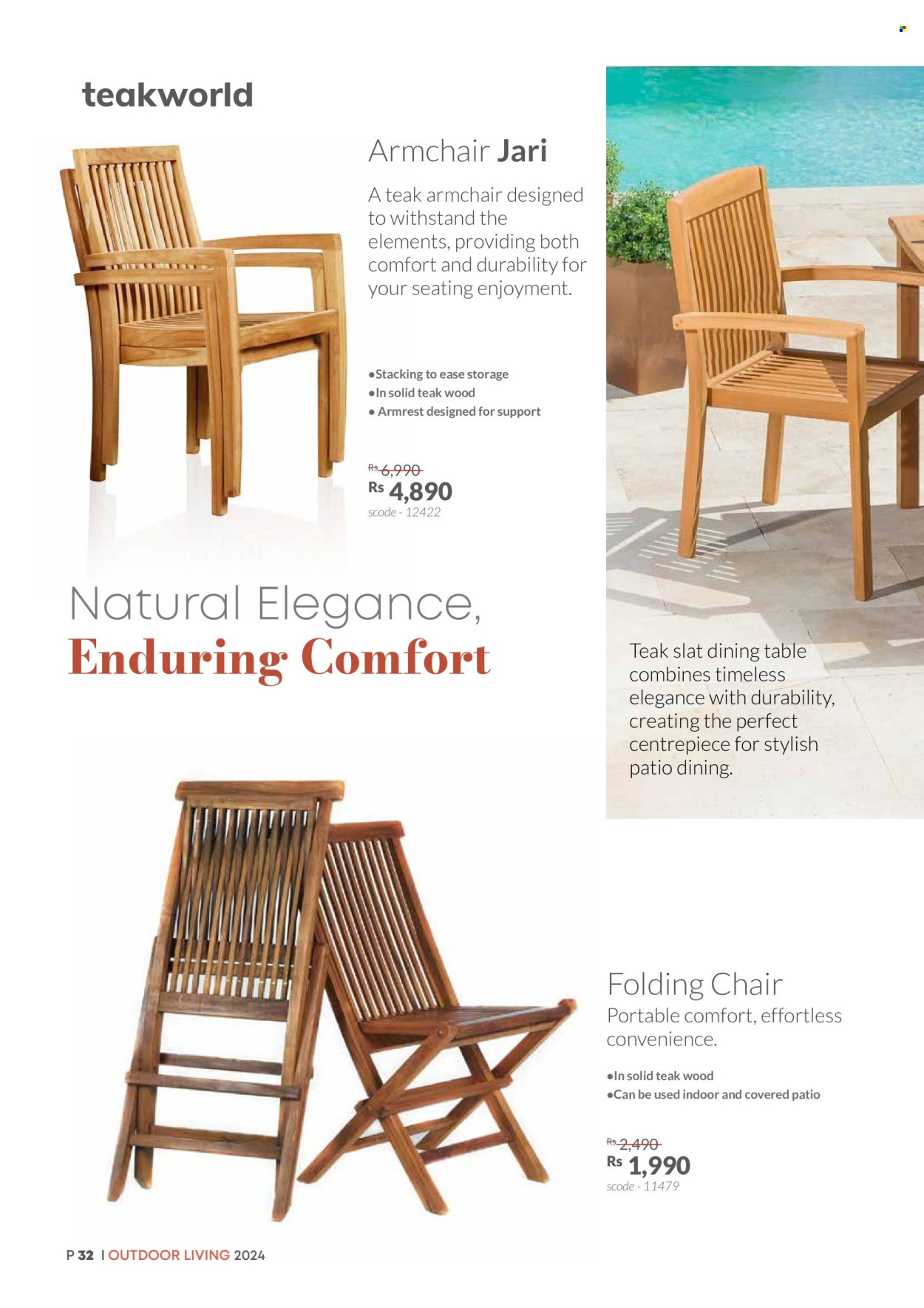 thumbnail - Teak World Catalogue - Sales products - dining table, table, chair, arm chair, folding chair. Page 32.