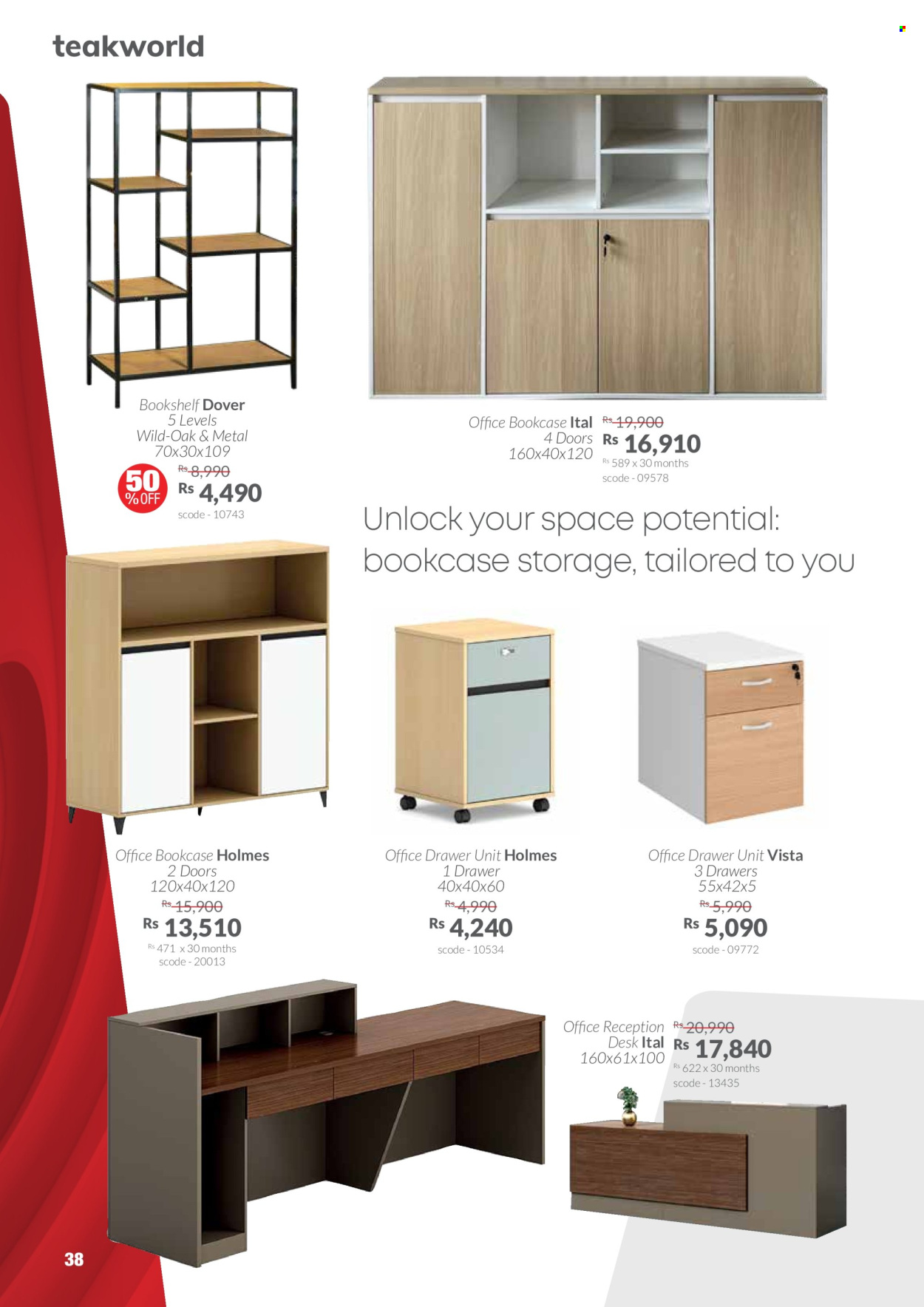 thumbnail - Teak World Catalogue - 3.04.2024 - 30.04.2024 - Sales products - bookcase, drawer base, book shelf, desk, cabinet with drawers. Page 38.