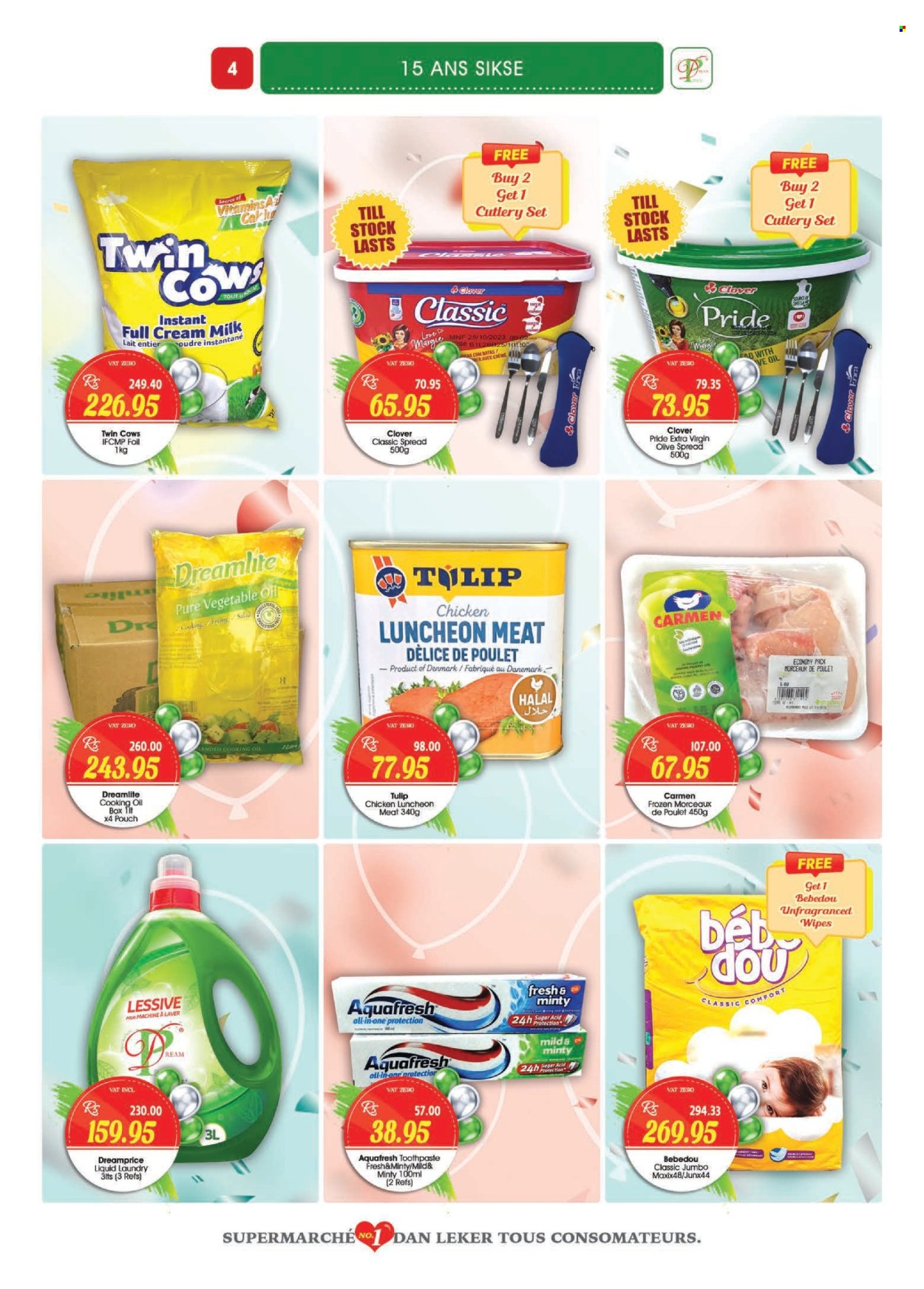 thumbnail - Dreamprice Catalogue - 17.04.2024 - 15.05.2024 - Sales products - olive spread, lunch meat, milk, olives, extra virgin olive oil, cooking oil, chicken, wipes, toothpaste, cutlery set, dietary supplement, vitamins. Page 4.
