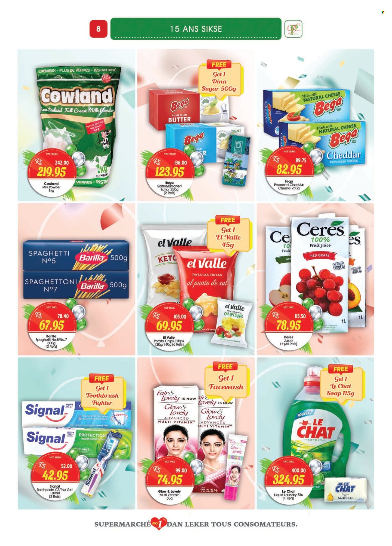thumbnail - Dreamprice Catalogue - 17.04.2024 - 15.05.2024 - Sales products - spaghetti, pasta, cheddar, cheese, milk powder, butter, potato chips, chips, crisps, juice, fruit juice, Cerés, toothbrush, toothpaste, Signal, calcium, Barilla. Page 8.