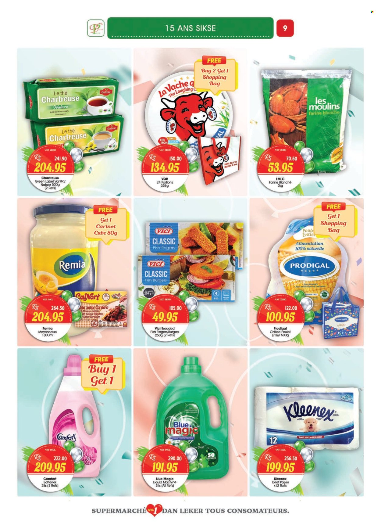thumbnail - Dreamprice Catalogue - 17.04.2024 - 15.05.2024 - Sales products - hamburger, fish fingers, breaded fish, mayonnaise, Kleenex, toilet paper, fabric softener, Comfort softener, shopping bag, label, calcium. Page 9.