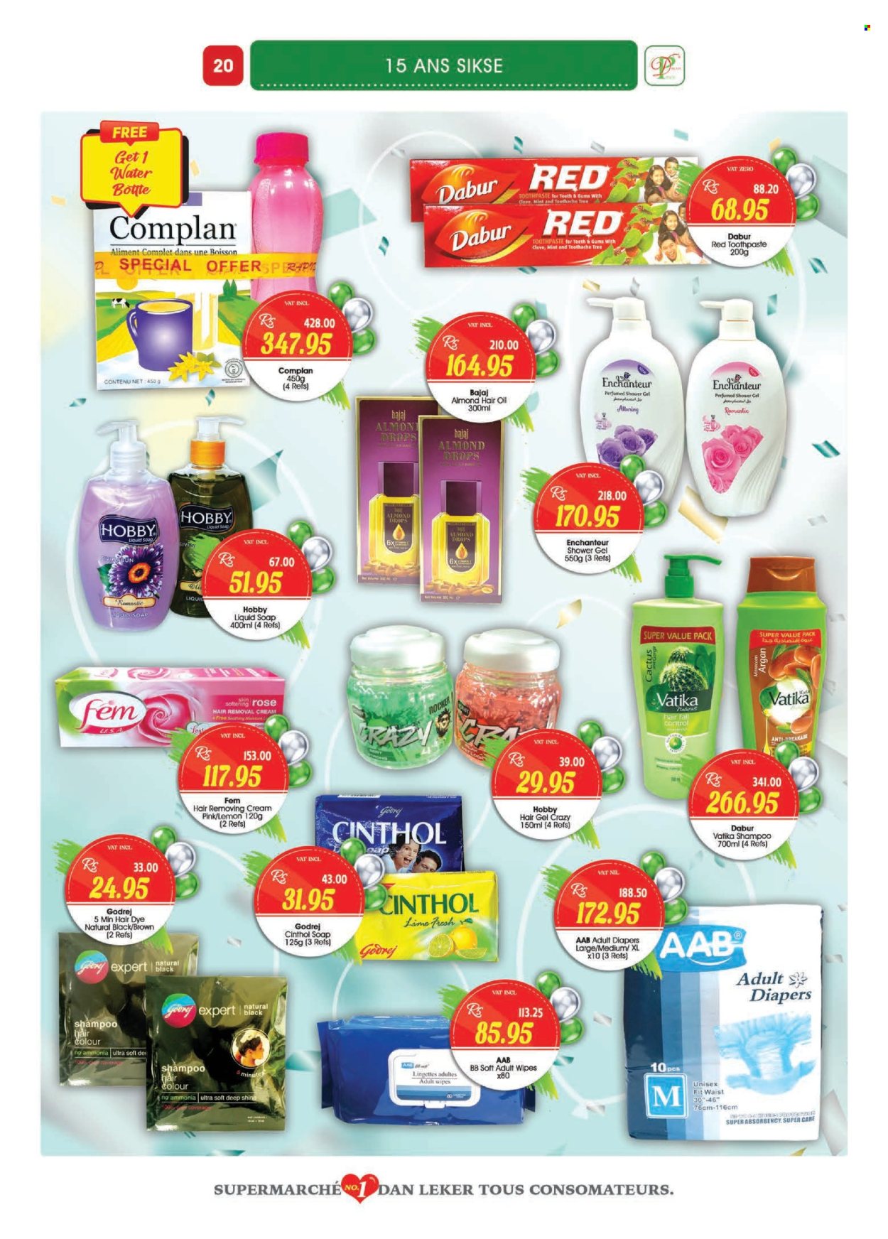 thumbnail - Dreamprice Catalogue - 17.04.2024 - 15.05.2024 - Sales products - MTR, Dabur, cloves, mint, wipes, nappies, shampoo, shower gel, Enchanteur, soap, toothpaste, hair color, hair oil, hair removal, hair removal cream, drink bottle. Page 20.