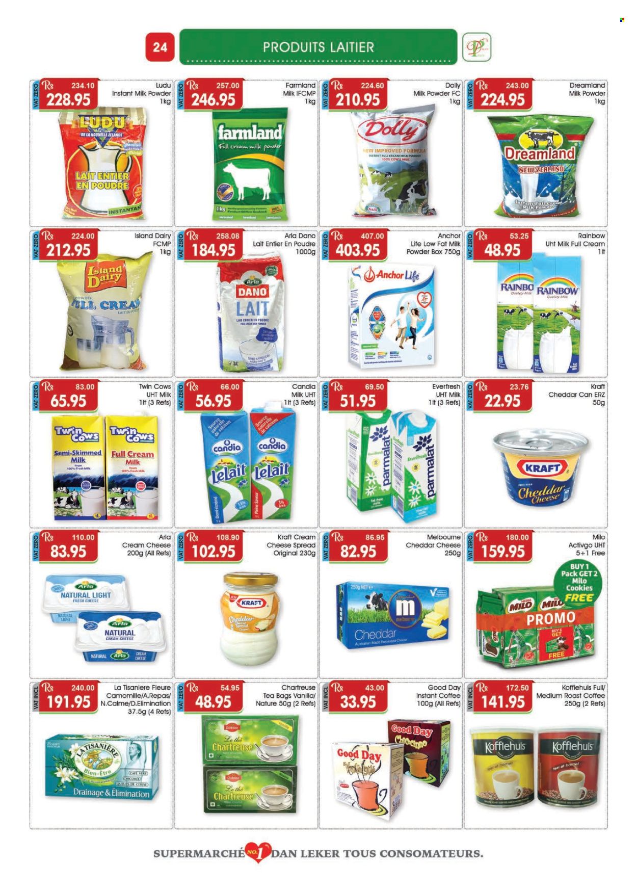 thumbnail - Dreamprice Catalogue - 17.04.2024 - 15.05.2024 - Sales products - Anchor, Kraft®, cheese spread, cheddar, Arla, Parmalat, Milo, milk powder, cookies, tea bags, coffee, instant coffee, calcium. Page 24.
