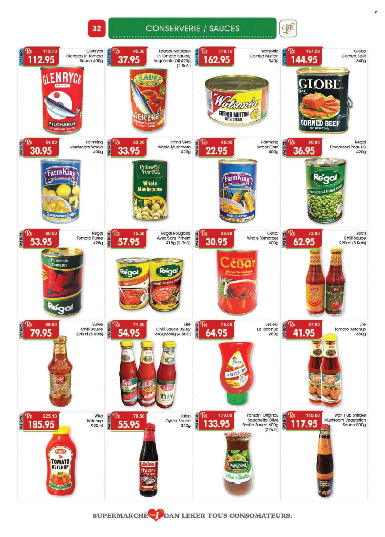 thumbnail - Dreamprice Catalogue - 17.04.2024 - 15.05.2024 - Sales products - mushrooms, shiitake, peas, sweet corn, mackerel, sardines, corned beef, tomato sauce, olives, tomato puree, cereals, ketchup, oyster sauce, vegetable oil, oil, mutton meat. Page 32.