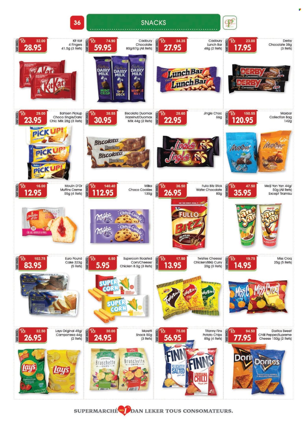 thumbnail - Dreamprice Catalogue - 17.04.2024 - 15.05.2024 - Sales products - tiramisu, snack, cookies, wafers, chocolate, KitKat, Cadbury, Dairy Milk, Doritos, potato chips, Lay’s, corn chips, roasted corn, salty snack, caramel. Page 36.