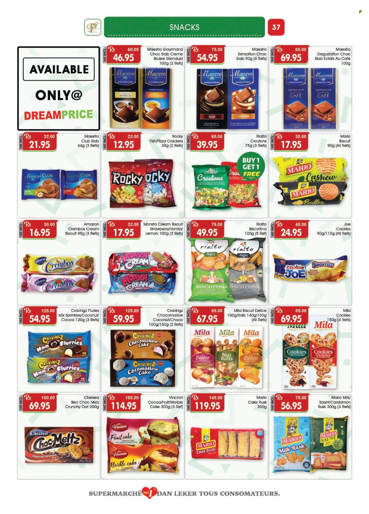 thumbnail - Dreamprice Catalogue - 17.04.2024 - 15.05.2024 - Sales products - dessert, rusks, fish, pizza, snack, milk, butter, cookies, crackers, biscuit, croutons, sprinkles, cranberries, caramel. Page 37.