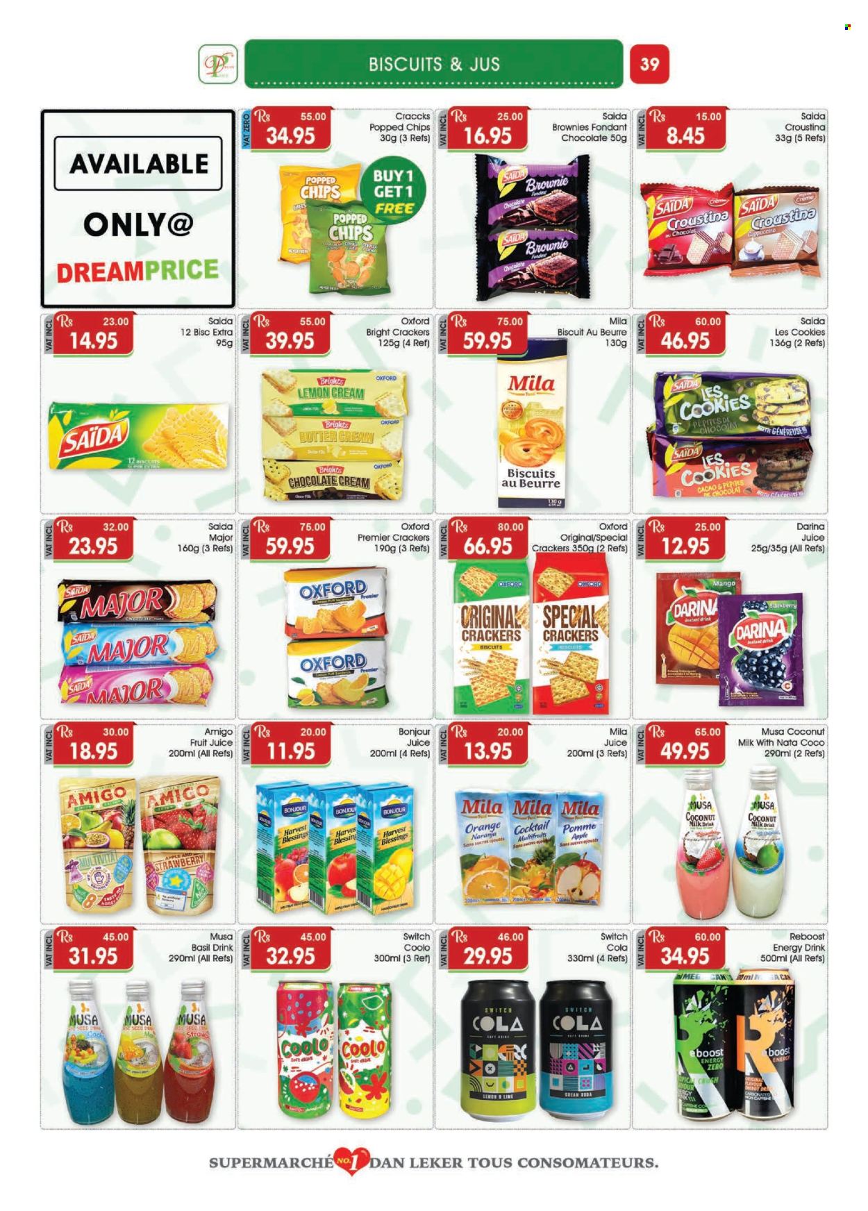 thumbnail - Dreamprice Catalogue - 17.04.2024 - 15.05.2024 - Sales products - brownies, mango, sandwich, flavoured milk, plant-based milk, cookies, crackers, biscuit, coconut milk, herbs, basil, switch, juice, fruit juice, energy drink, Boost, cocktail, cappuccino, straw. Page 39.