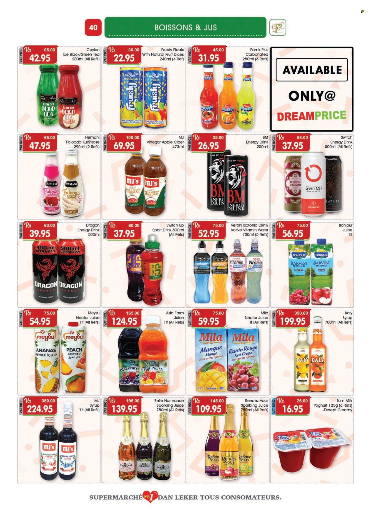thumbnail - Dreamprice Catalogue - 17.04.2024 - 15.05.2024 - Sales products - yoghurt, milkshake, sweets, apple cider vinegar, vinegar, syrup, switch, juice, energy drink, ice tea, sparkling juice, fruit punch, electrolyte drink, vitamin water, water, green tea, alcohol, apple cider, cider. Page 40.
