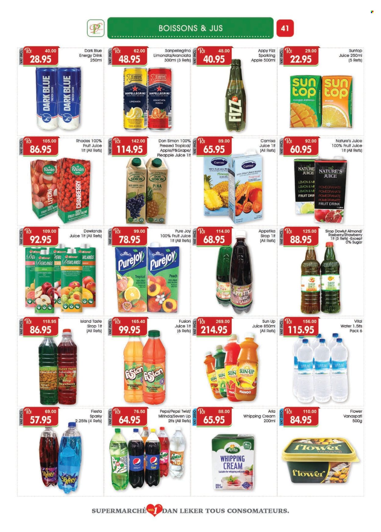 thumbnail - Dreamprice Catalogue - 17.04.2024 - 15.05.2024 - Sales products - mango, Arla, Clover, whipping cream, sugar, cloves, Pepsi, juice, fruit juice, energy drink, fruit drink, soft drink, 7UP, water, carbonated soft drink. Page 41.