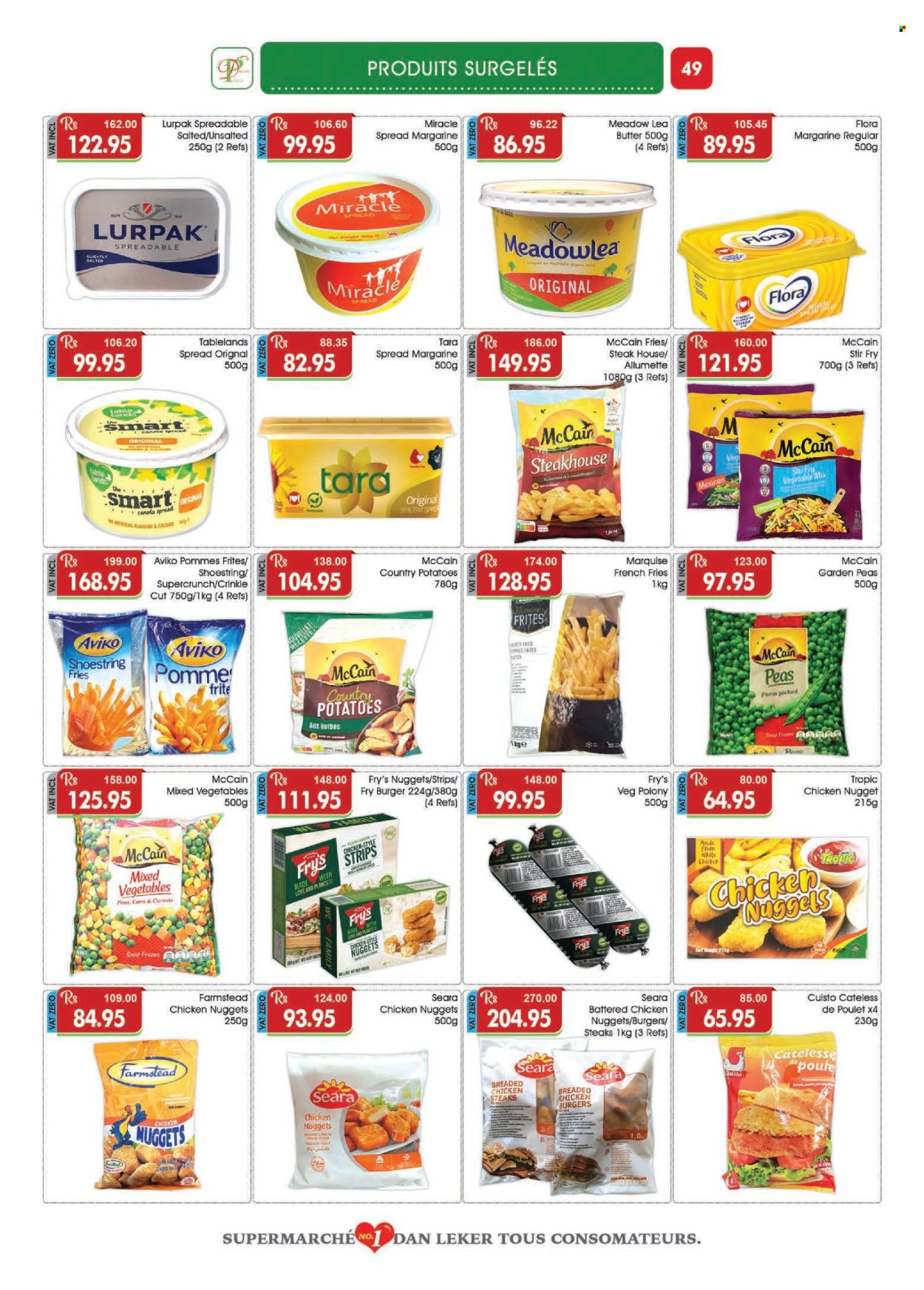 thumbnail - Dreamprice Catalogue - 17.04.2024 - 15.05.2024 - Sales products - carrots, corn, potatoes, peas, mixed vegetables, nuggets, hamburger, chicken nuggets, ready meal, breaded chicken, plant based product, polony, Meadowlea, butter, margarine, fat spread, Flora, spreadable butter, Lurpak, frozen vegetables, strips, McCain, potato fries, french fries, steak. Page 49.