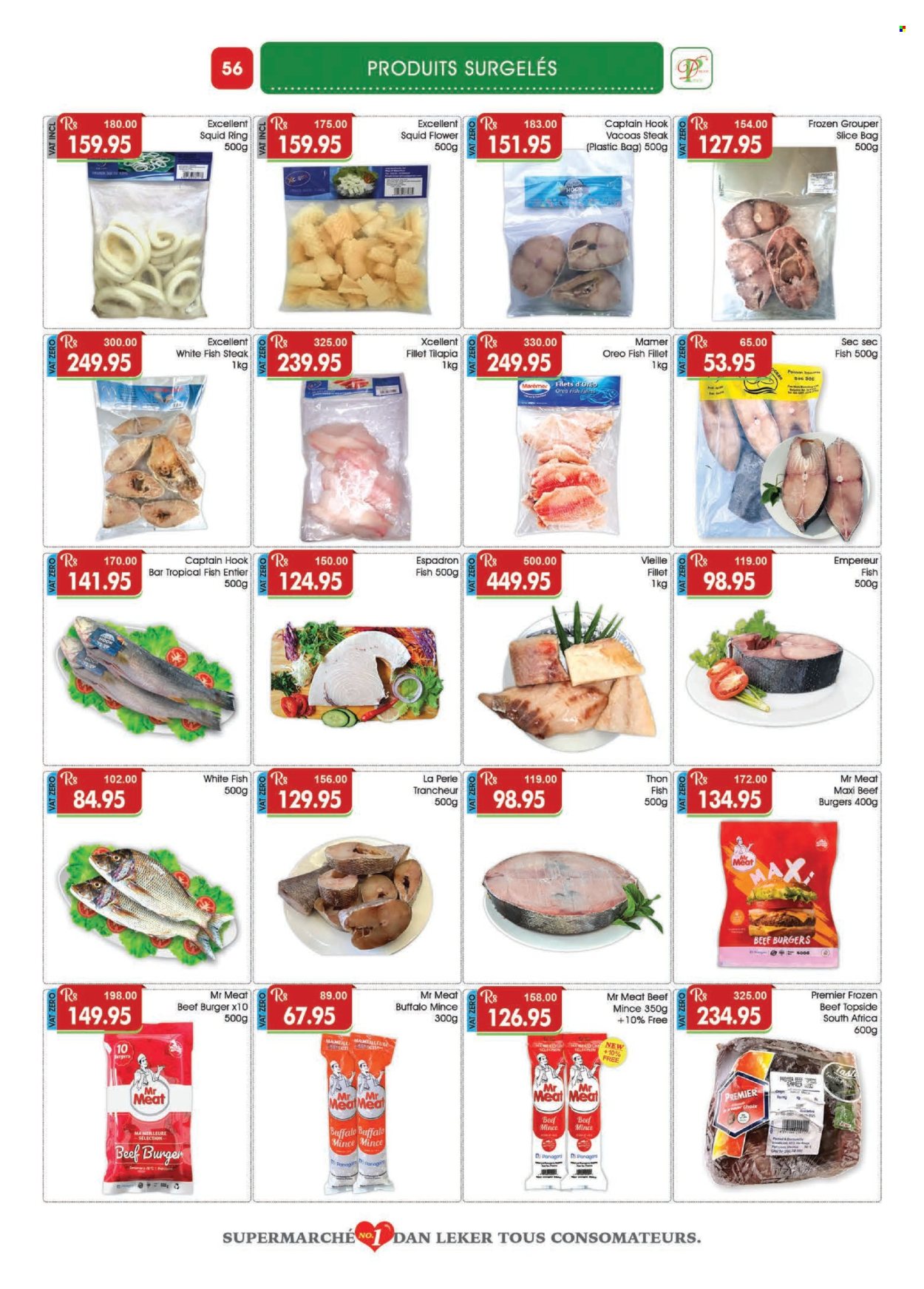 thumbnail - Dreamprice Catalogue - 17.04.2024 - 15.05.2024 - Sales products - fish fillets, grouper, squid, tilapia, whitefish, fish, squid rings, fish steak, hamburger, beef burger, Oreo, beef meat, ground beef, steak, hook. Page 56.