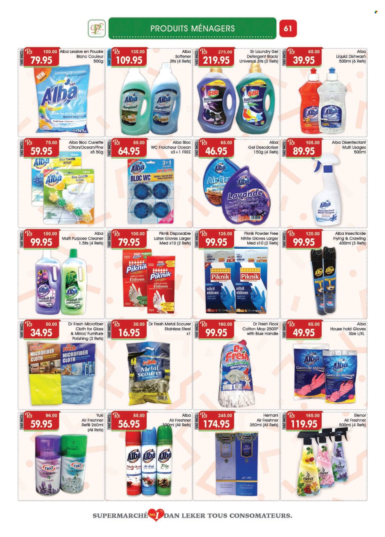 thumbnail - Dreamprice Catalogue - 17.04.2024 - 15.05.2024 - Sales products - cloves, antioxidant drink, Sol, detergent, cleaner, all purpose cleaner, fabric softener, washing gel, dishwashing liquid, scourer, insecticide, gloves, mop, latex gloves, pin, air freshener. Page 61.