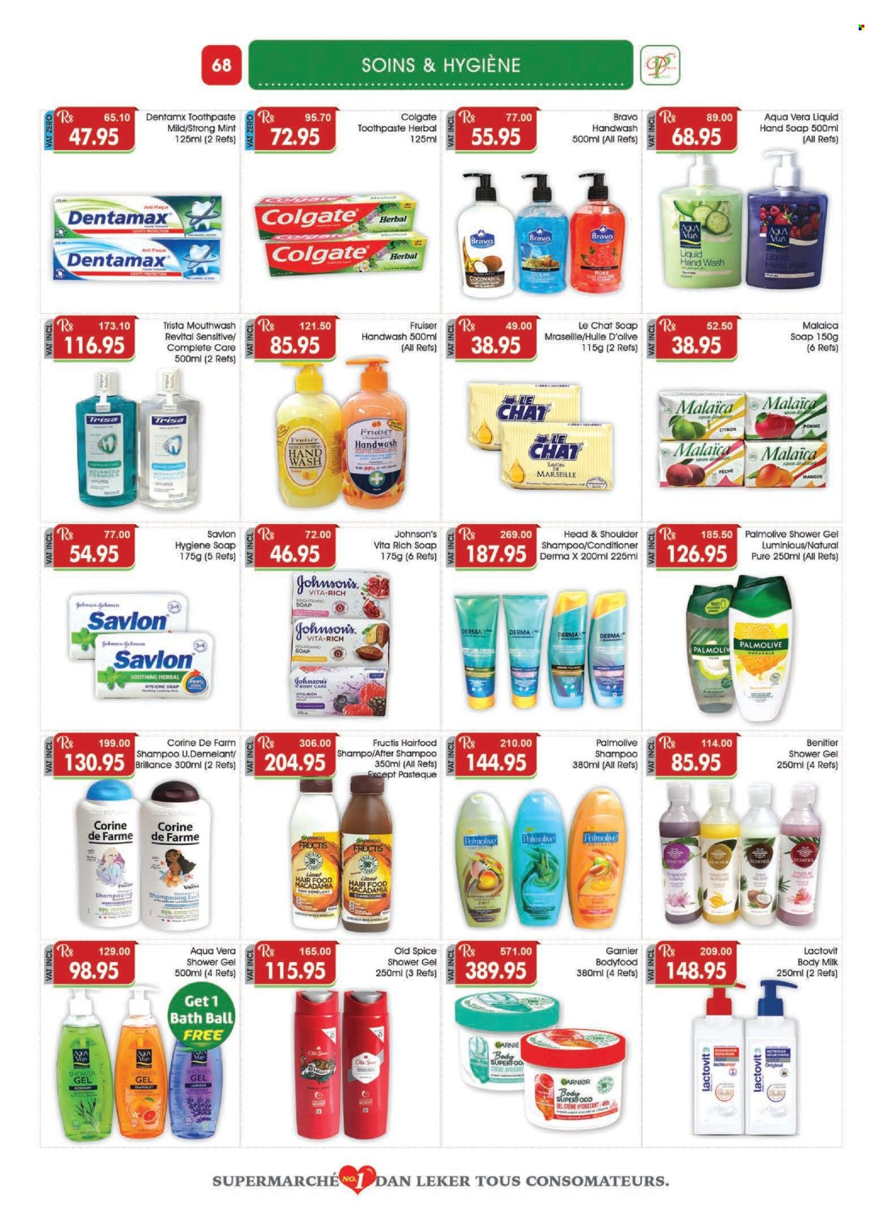 thumbnail - Dreamprice Catalogue - 17.04.2024 - 15.05.2024 - Sales products - rosemary, herbs, macadamia nuts, Johnson's, body care, shampoo, shower gel, hand soap, hand wash, Palmolive, soap, toothpaste, mouthwash, conditioner, Fructis, body milk, deodorant, Colgate, Garnier, Old Spice. Page 68.