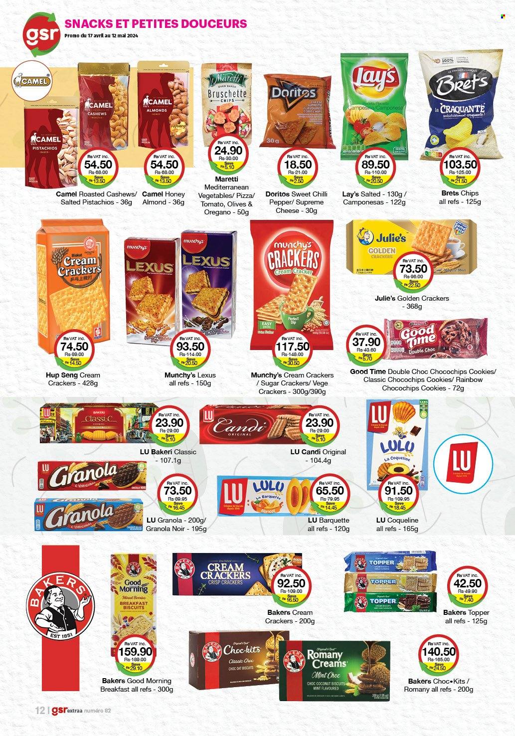 thumbnail - GSR Catalogue - 17.04.2024 - 12.05.2024 - Sales products - pizza, snack, cookies, crackers, biscuit, Julie's, Doritos, chips, Lay’s, salty snack, sugar, olives, granola, almonds, cashews, pistachios, Camel, Bakers. Page 12.