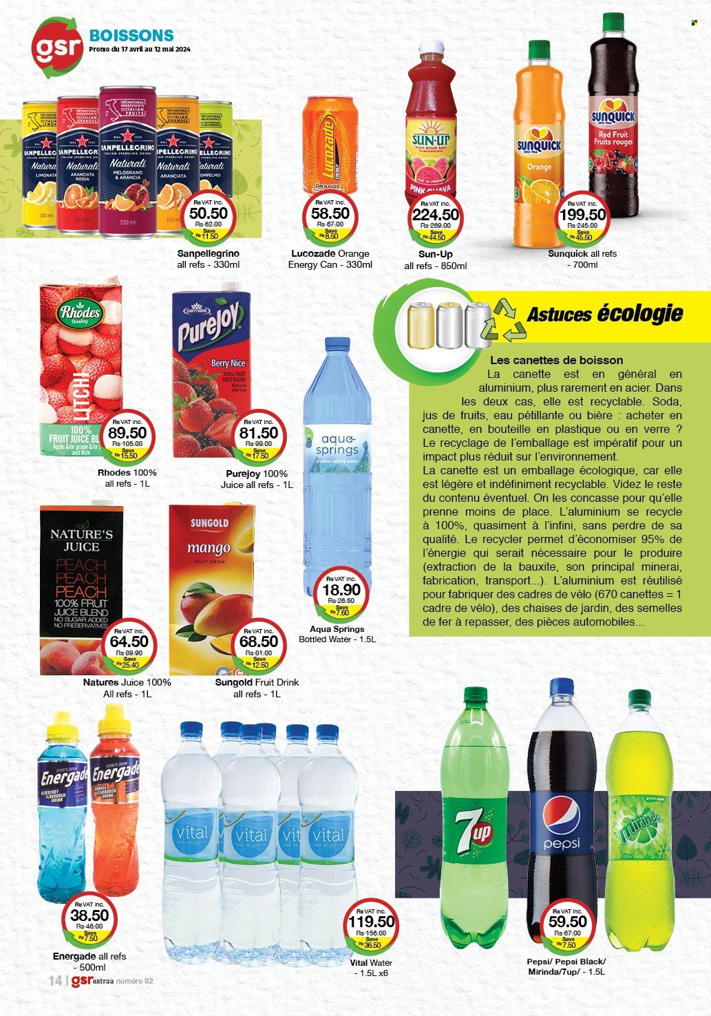 thumbnail - GSR Catalogue - 17.04.2024 - 12.05.2024 - Sales products - mango, Pepsi, juice, fruit juice, fruit drink, soft drink, 7UP, Lucozade, soda, bottled water, water, carbonated soft drink. Page 14.