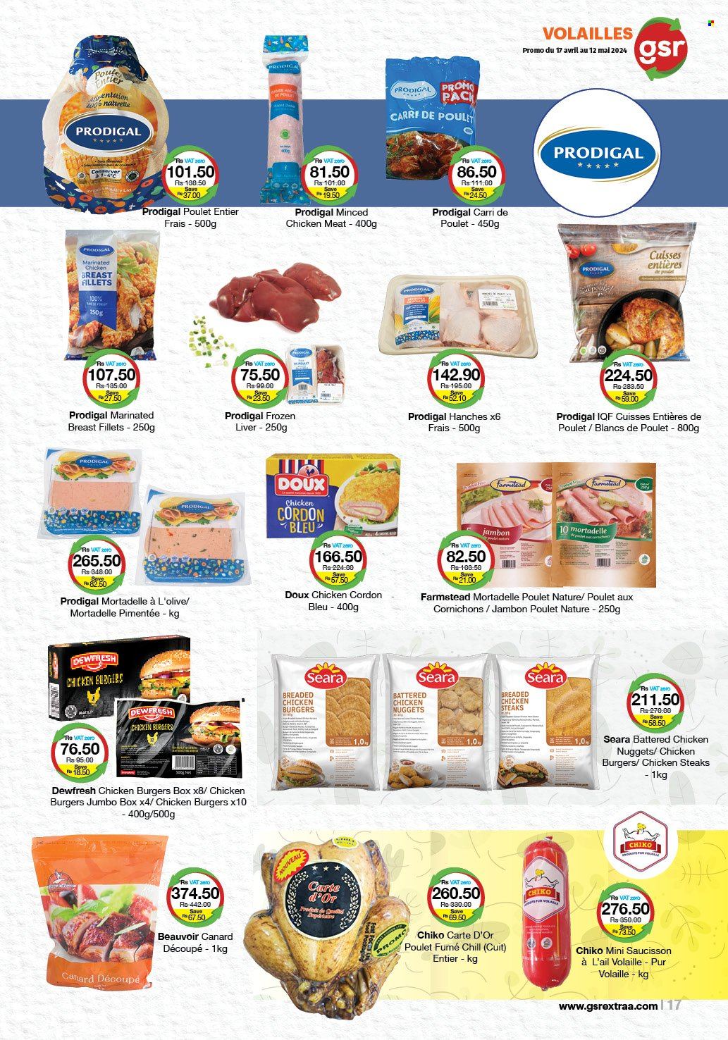 thumbnail - GSR Catalogue - 17.04.2024 - 12.05.2024 - Sales products - nuggets, hamburger, chicken nuggets, ready meal, breaded chicken, chicken breasts, cordon bleu, olives, pickled gherkins, cornichons, marinated chicken, steak. Page 17.