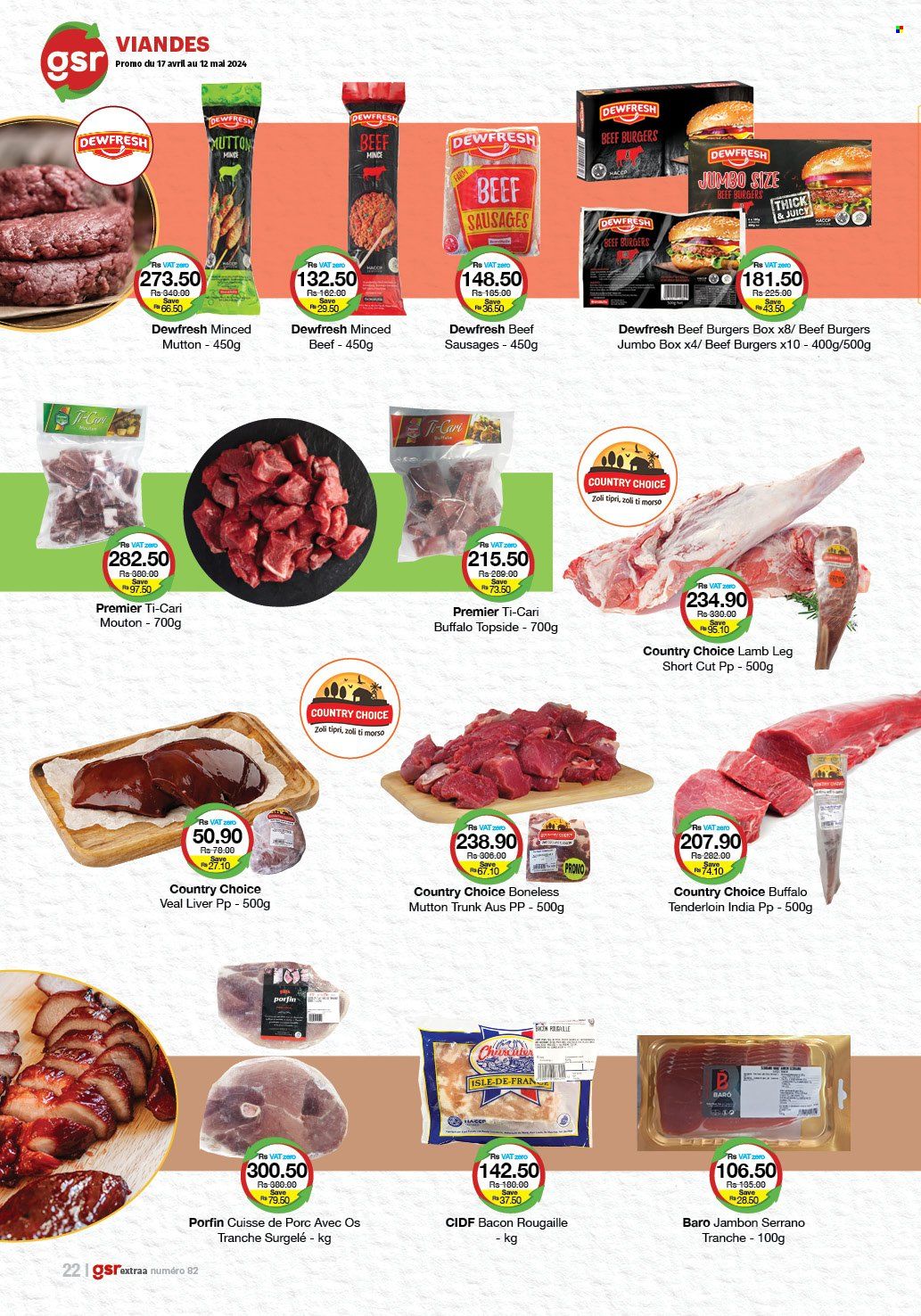 thumbnail - GSR Catalogue - 17.04.2024 - 12.05.2024 - Sales products - hamburger, beef burger, bacon, sausage, beef sausage, buffalo meat, lamb meat, mutton meat, lamb leg. Page 22.