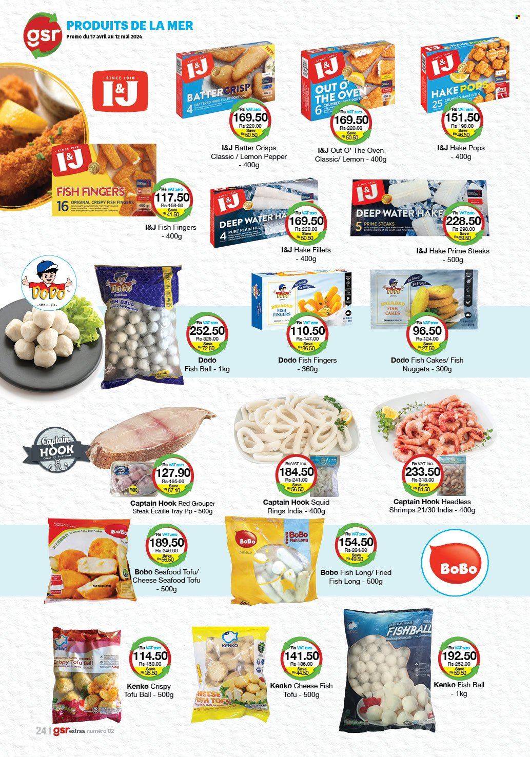 thumbnail - GSR Catalogue - 17.04.2024 - 12.05.2024 - Sales products - grouper, squid, seafood, hake, shrimps, fish nuggets, squid rings, fried fish, hake fillet, fish fingers, breaded fish, Out o' the Oven, fish cake, crisps, water, steak. Page 24.