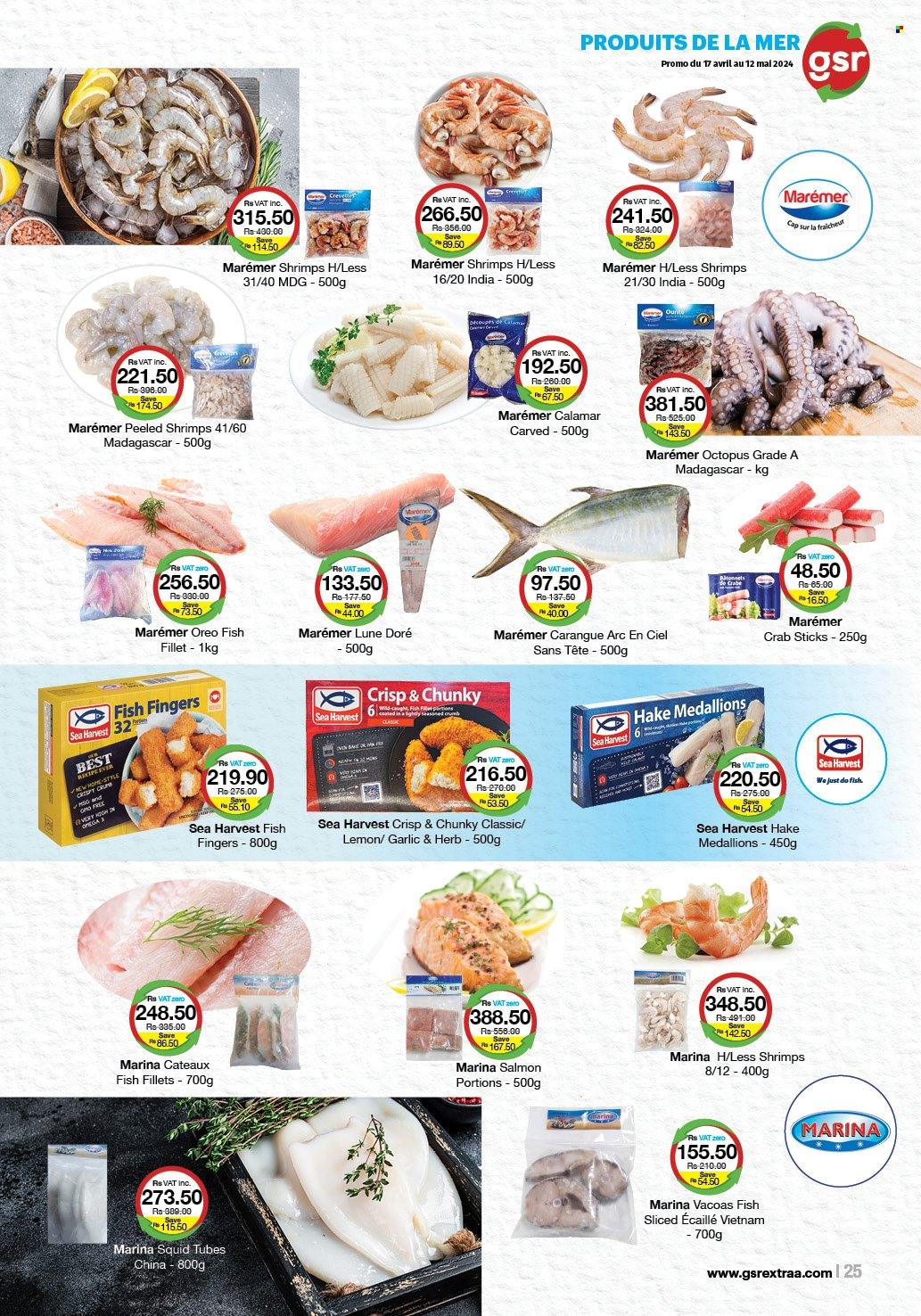 thumbnail - GSR Catalogue - 17.04.2024 - 12.05.2024 - Sales products - lemons, fish fillets, salmon, squid, octopus, hake, crab, shrimps, Sea Harvest, crab sticks, fish fingers, Oreo. Page 25.