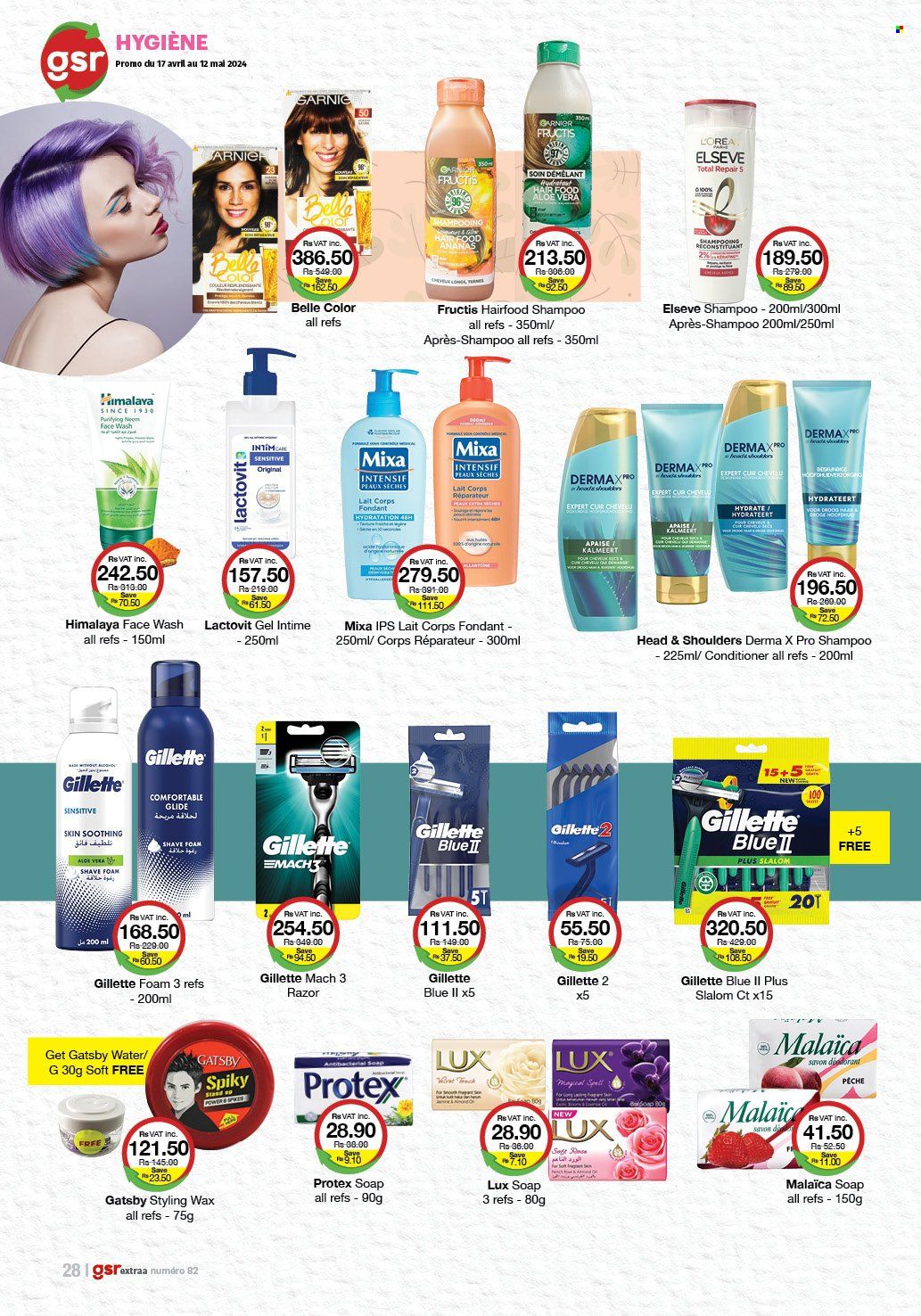 thumbnail - GSR Catalogue - 17.04.2024 - 12.05.2024 - Sales products - Lux, shampoo, hand soap, antimicrobial soap, Protex, face gel, soap, Gillette, face wash, conditioner, Head & Shoulders, Fructis, deodorant, razor, shave foam, Garnier. Page 28.