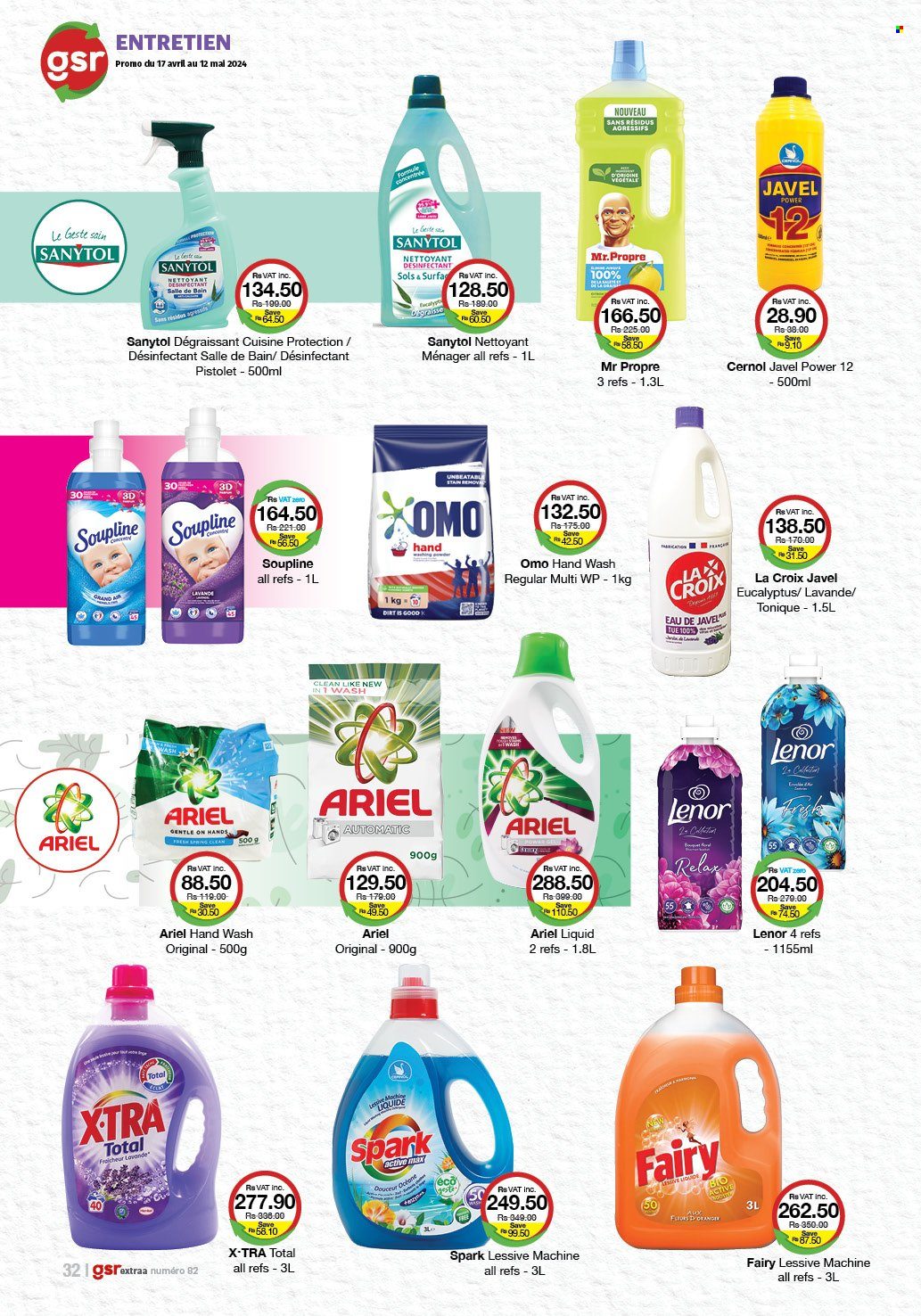 thumbnail - GSR Catalogue - 17.04.2024 - 12.05.2024 - Sales products - Fairy, fabric softener, Ariel, Omo, Lenor, XTRA, hand wash, Sanytol. Page 32.