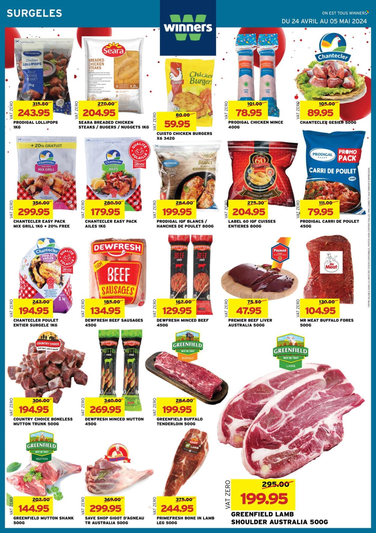 thumbnail - Winner's Catalogue - 24.04.2024 - 5.05.2024 - Sales products - nuggets, hamburger, breaded chicken, sausage, beef sausage, lollipop, ground chicken, beef liver, beef meat, ground beef, steak, buffalo meat, lamb meat, lamb shoulder, mutton meat, lamb leg, Trust. Page 19.