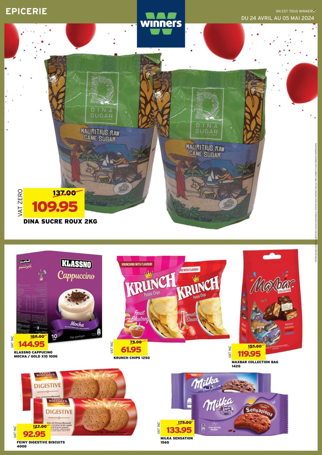 thumbnail - Winner's Catalogue - 24.04.2024 - 5.05.2024 - Sales products - dip, nougat, biscuit, Digestive, potato chips, cane sugar, flour, sugar, wheat flour, whole wheat flour, tomato sauce, caramel, cappuccino, cup, sauce. Page 24.