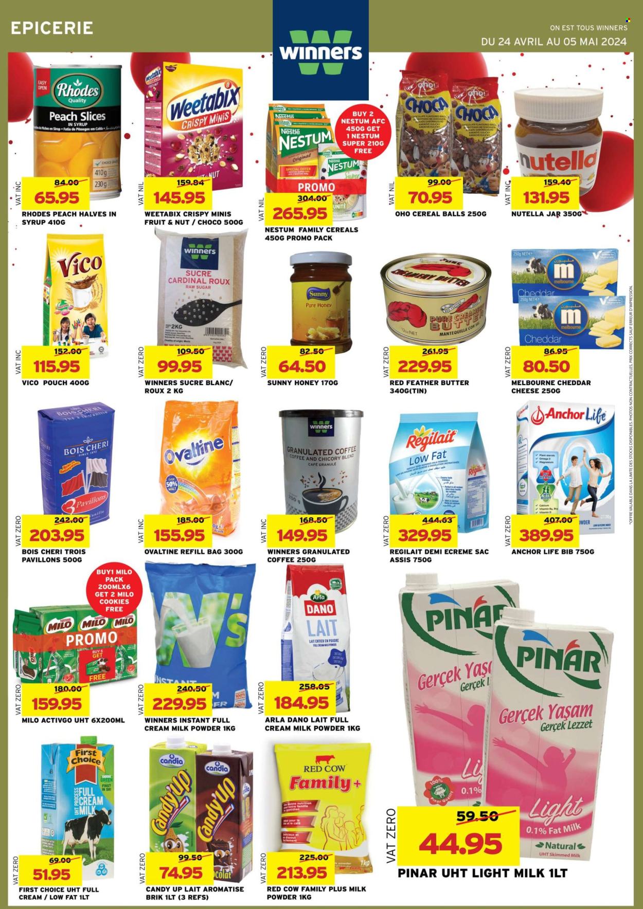 thumbnail - Winner's Catalogue - 24.04.2024 - 5.05.2024 - Sales products - Anchor, cheddar, cheese, Arla, Milo, milk powder, butter, cookies, fruit slices, Candy, malt, cereals, Weetabix, honey, hazelnut spread, coffee, Raw Sugar, jar, magnesium, Omega-3, dietary supplement, Nestlé, Nutella. Page 25.