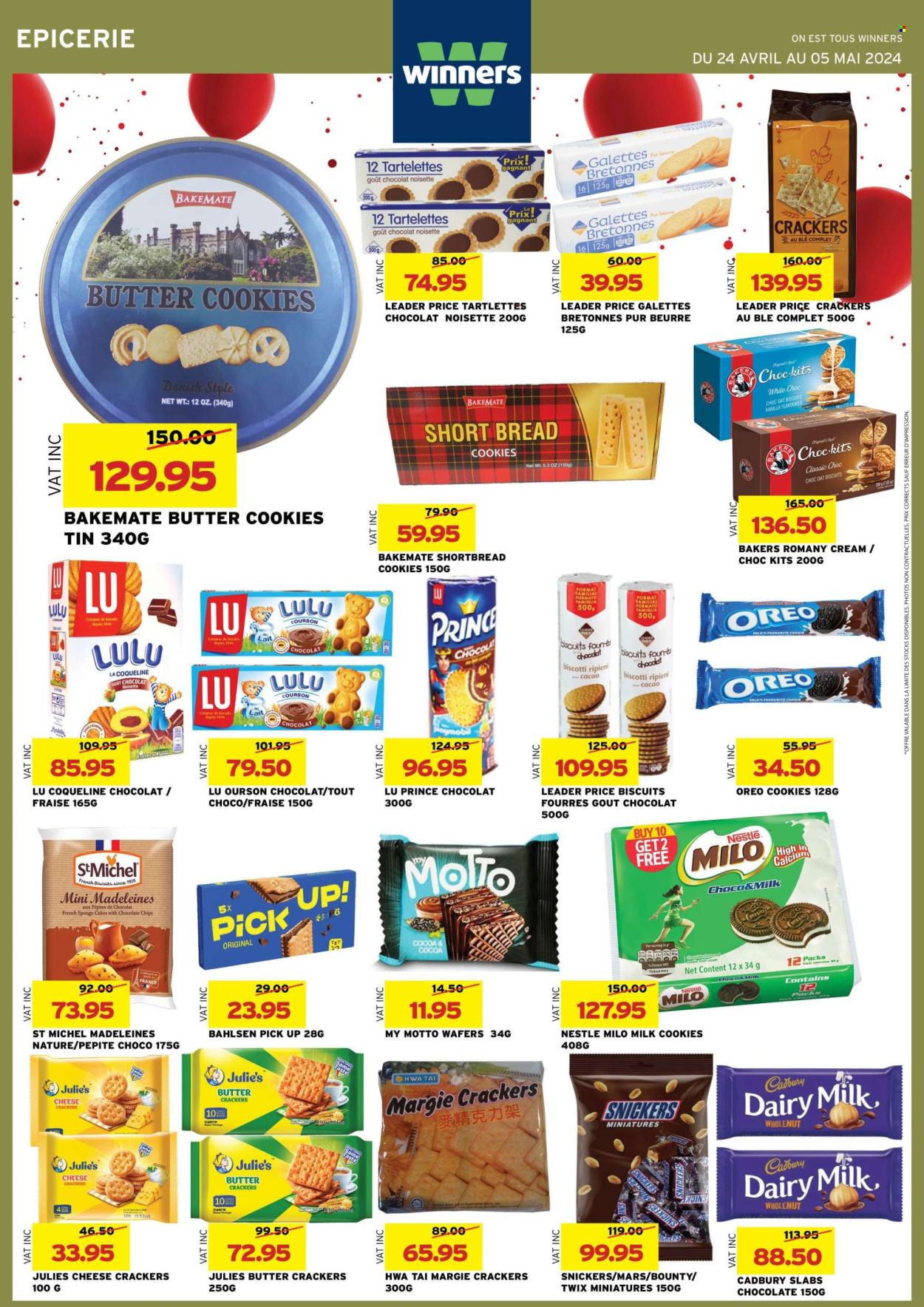 thumbnail - Winner's Catalogue - 24.04.2024 - 5.05.2024 - Sales products - cake, indian bread, sponge cake, sweet bread, ham, Oreo, Milo, biscotti, cookies, wafers, chocolate, butter cookies, Snickers, Twix, Bounty, Mars, crackers, biscuit, Cadbury, Julie's, Dairy Milk, salty snack, Bakers, Nestlé. Page 26.