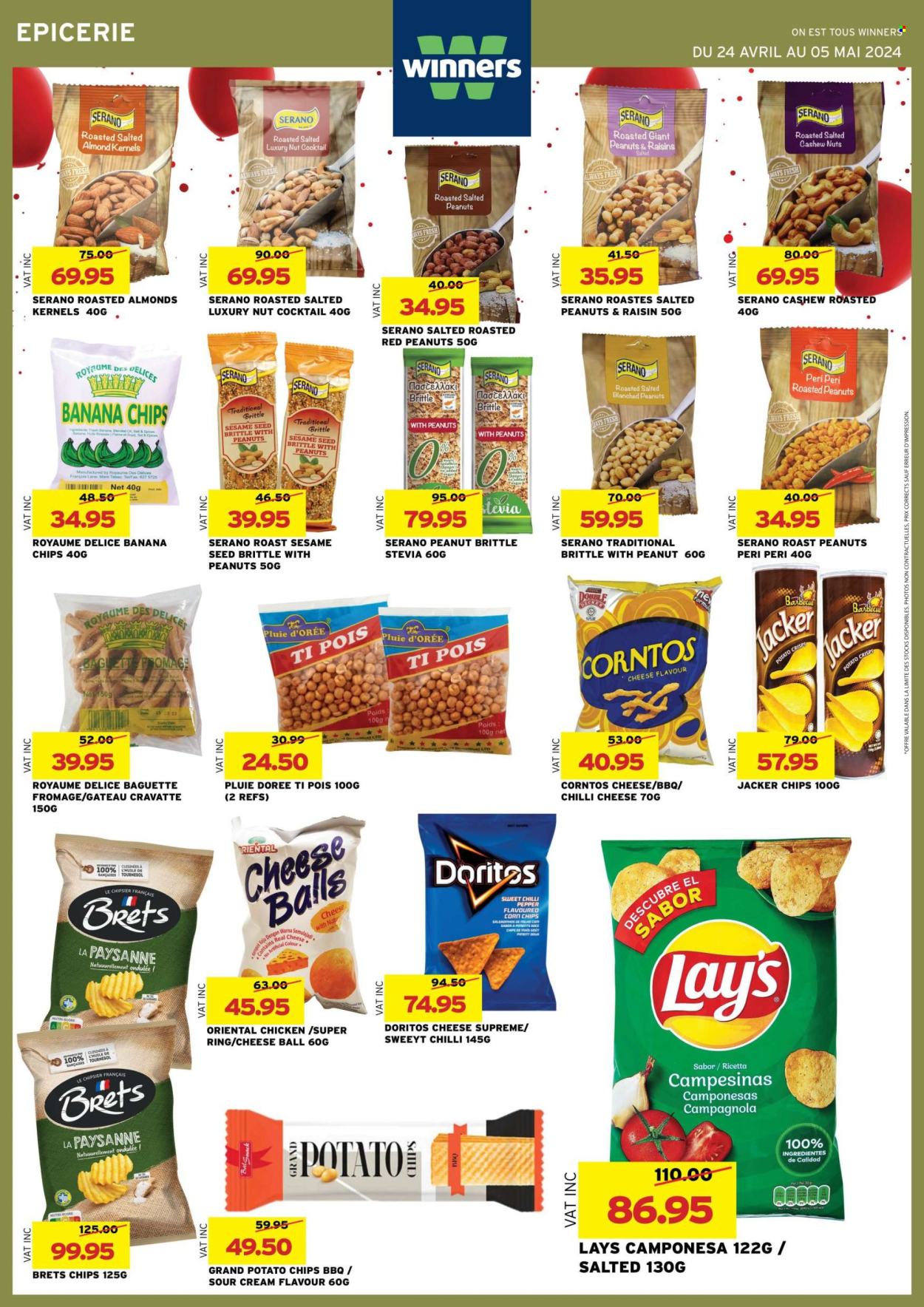thumbnail - Winner's Catalogue - 24.04.2024 - 5.05.2024 - Sales products - baguette, snack, roast, cheese balls, Doritos, potato crisps, potato chips, Lay’s, corn chips, salty snack, crisps, sesame seed, stevia, spice, almonds, cashews, roasted peanuts, dried fruit, banana chips, chicken. Page 27.