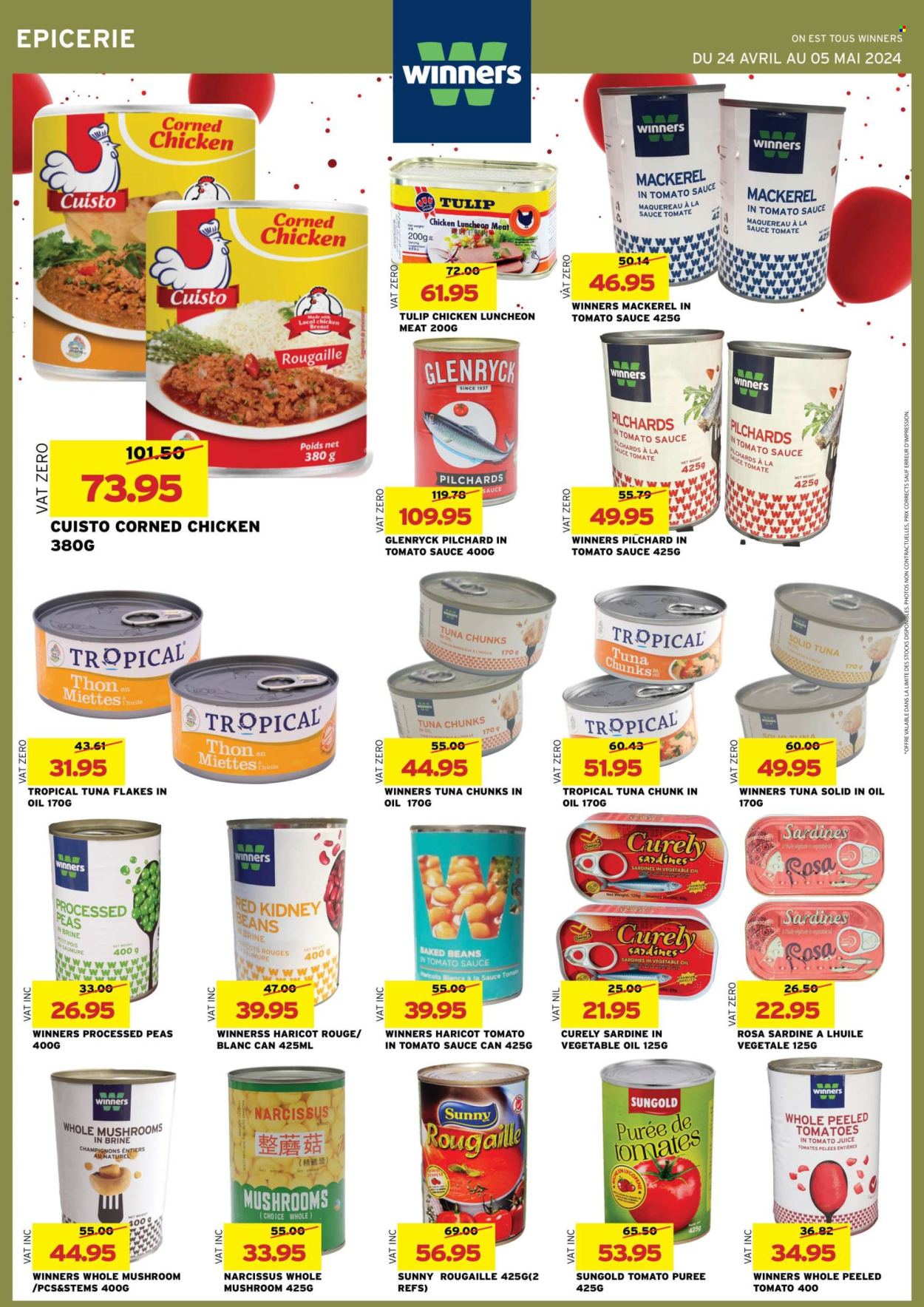 thumbnail - Winner's Catalogue - 24.04.2024 - 5.05.2024 - Sales products - mushrooms, beans, tomatoes, peas, mackerel, sardines, tuna, ready meal, chicken breasts, lunch meat, tomato sauce, kidney beans, baked beans, tomato puree, peeled tomatoes, tomato juice, vegetable juice, chicken. Page 28.