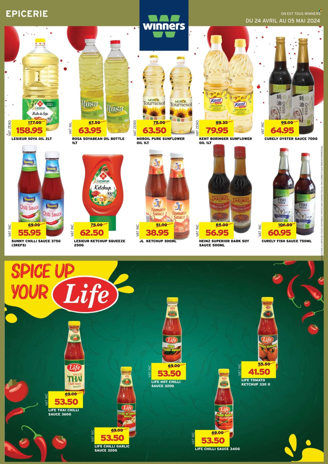 thumbnail - Winner's Catalogue - 24.04.2024 - 5.05.2024 - Sales products - tomato sauce, spice, fish sauce, soy sauce, ketchup, oyster sauce, chilli sauce, sweet chilli sauce, garlic sauce, soya oil, sunflower oil, oil, Heinz, sauce. Page 29.