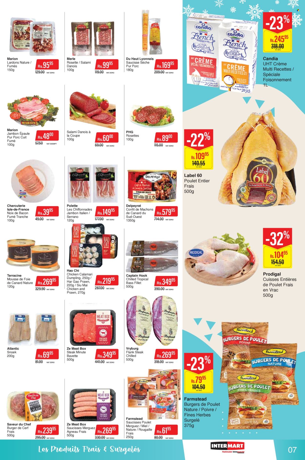 thumbnail - Intermart Catalogue - 25.04.2024 - 8.05.2024 - Sales products - calamari, seafood, prawns, hamburger, dumplings, bacon, salami, charcuterie, mousse, chicken, beef meat, beef steak, steak, flank steak, hook, label. Page 7.