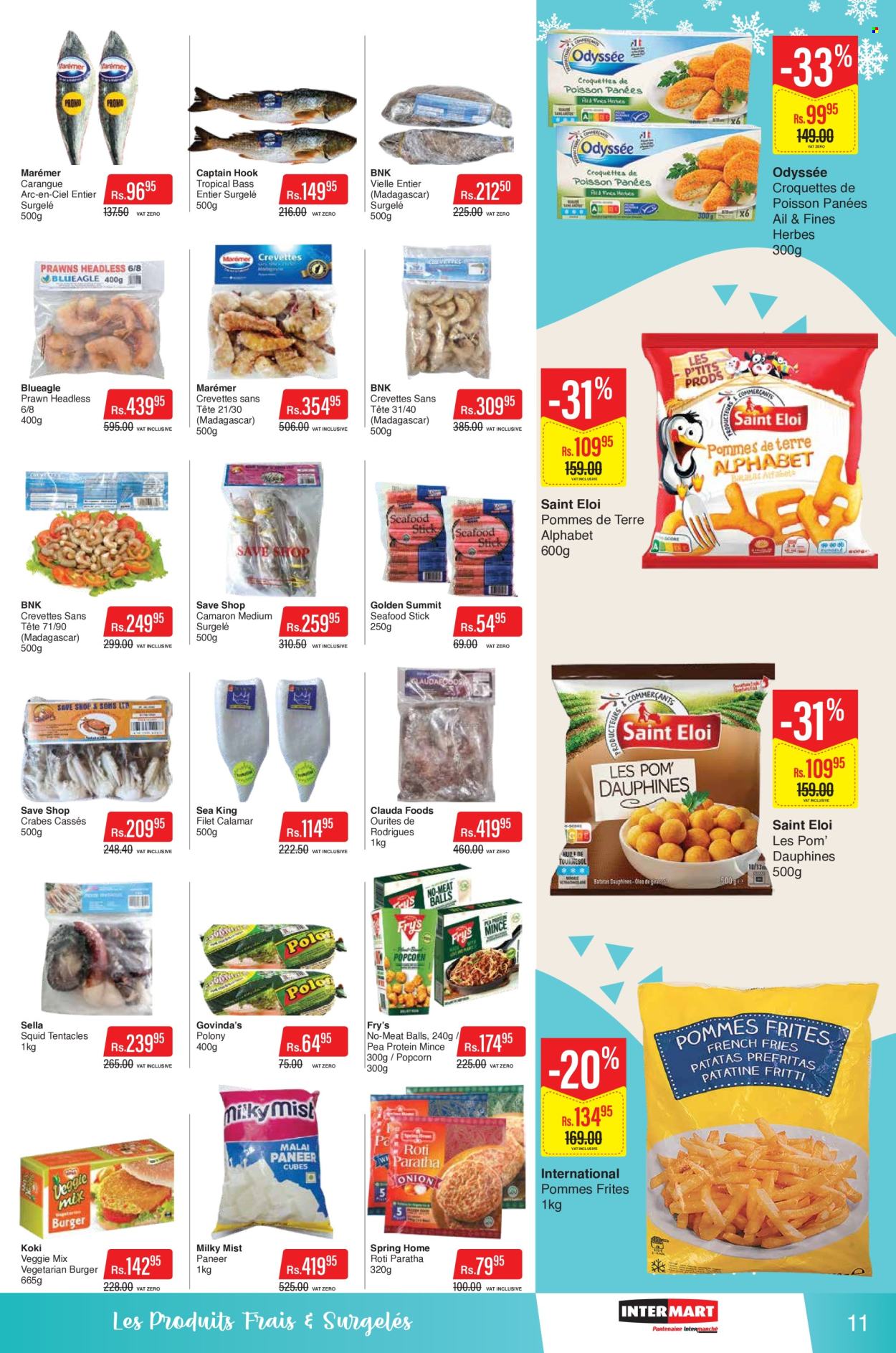 thumbnail - Intermart Catalogue - 25.04.2024 - 8.05.2024 - Sales products - flatbread, indian bread, roti, mixed vegetables, squid, seafood, prawns, hamburger, veggie burger, polony, paneer, croquettes, popcorn, hook. Page 11.