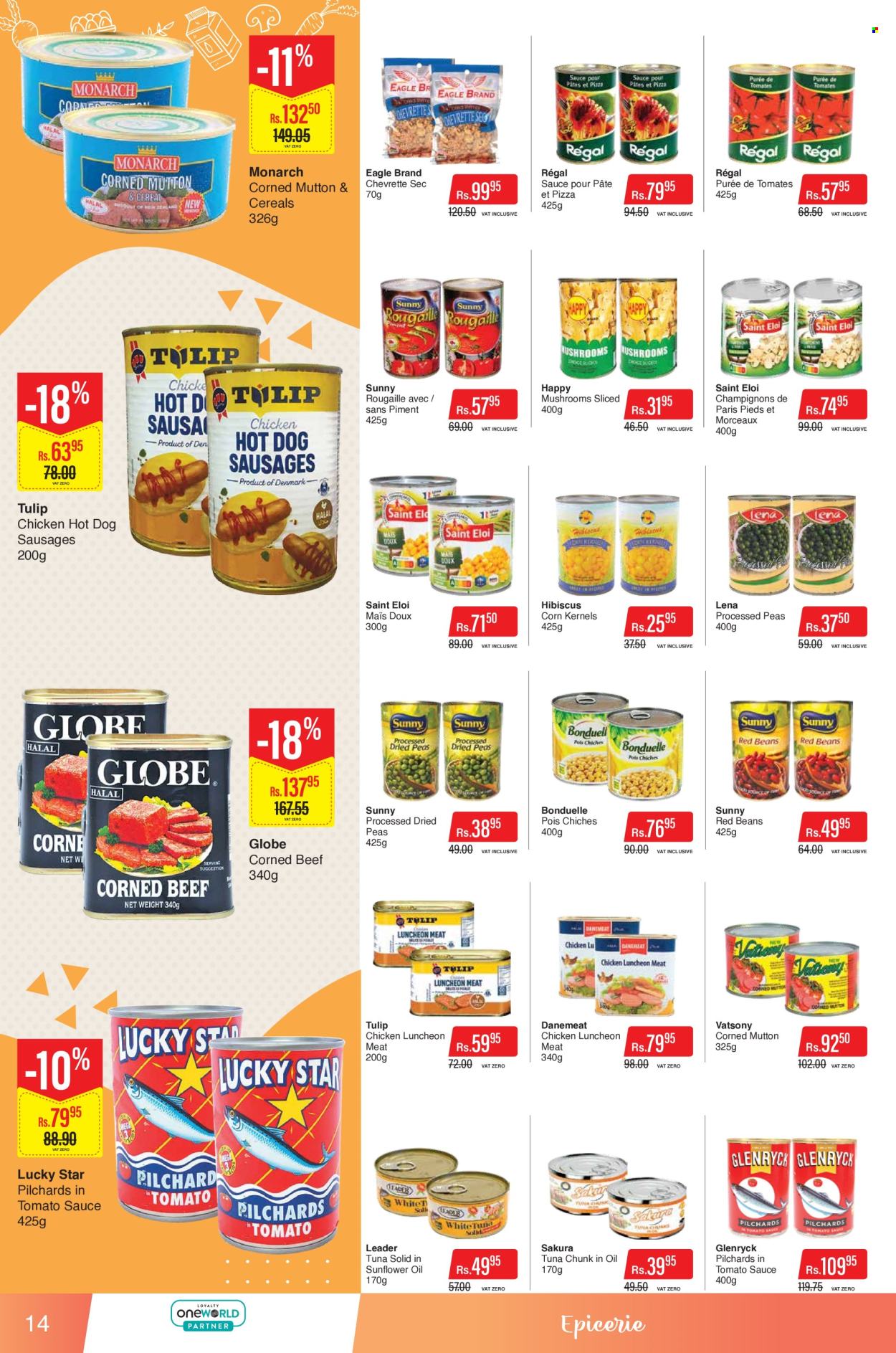 thumbnail - Intermart Catalogue - 25.04.2024 - 8.05.2024 - Sales products - beans, corn, peas, sardines, tuna, pizza, sausage, lunch meat, pâté, corned beef, red beans, canned fish, cereals, mutton meat. Page 14.