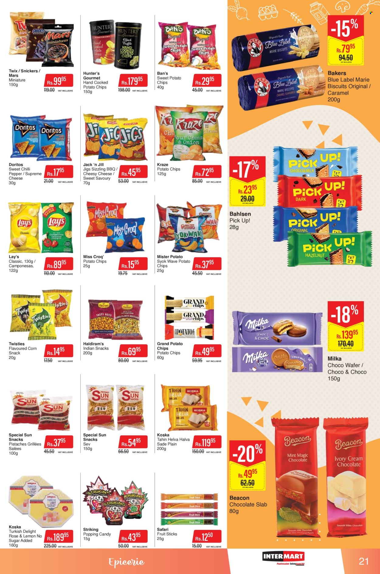 thumbnail - Intermart Catalogue - 25.04.2024 - 8.05.2024 - Sales products - lemons, snack, sweet potato fries, Snickers, Twix, Mars, biscuit, Candy, sweets, Doritos, potato chips, Lay’s, salty snack, caramel, WAVE, Bakers. Page 21.