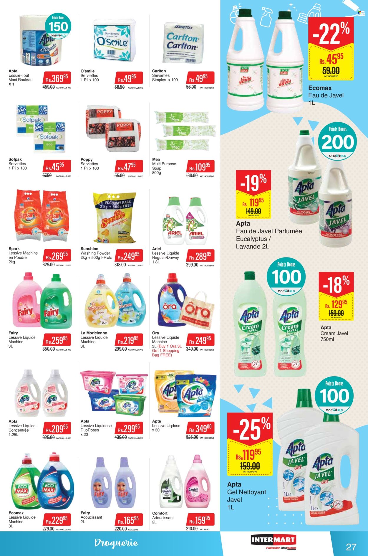 thumbnail - Intermart Catalogue - 25.04.2024 - 8.05.2024 - Sales products - Sunshine, Fairy, Ariel, laundry powder, soap, shopping bag, serviettes. Page 27.