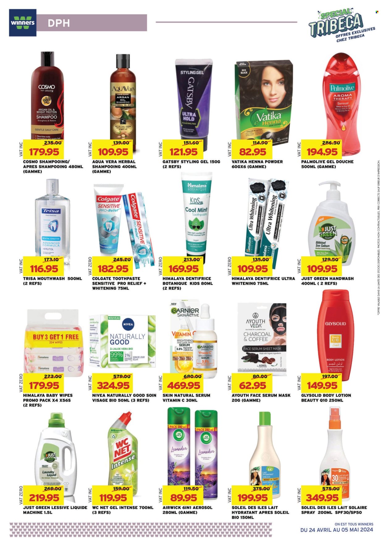 thumbnail - Winner's Catalogue - 24.04.2024 - 5.05.2024 - Sales products - wipes, baby wipes, Nivea, laundry detergent, shampoo, hand wash, Palmolive, hair products, toothpaste, mouthwash, brightening serum, serum, Niacinamide, hair color, styling gel, body lotion, eau de parfum, Eclat, Air Wick, ginseng, Colgate, Garnier. Page 16.