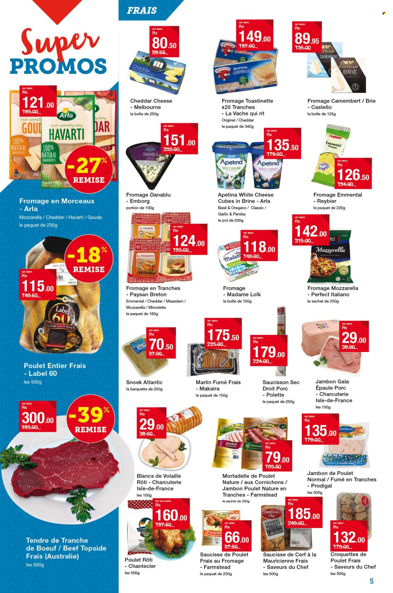 thumbnail - Super U Catalogue - 25.04.2024 - 8.05.2024 - Sales products - parsley, Gala, marlin, charcuterie, camembert, gouda, mozzarella, Havarti, cheddar, brie, The Laughing Cow, grated cheese, Arla, Maasdam, croquettes, pickled gherkins, cornichons, rice, basil, label, pot. Page 5.