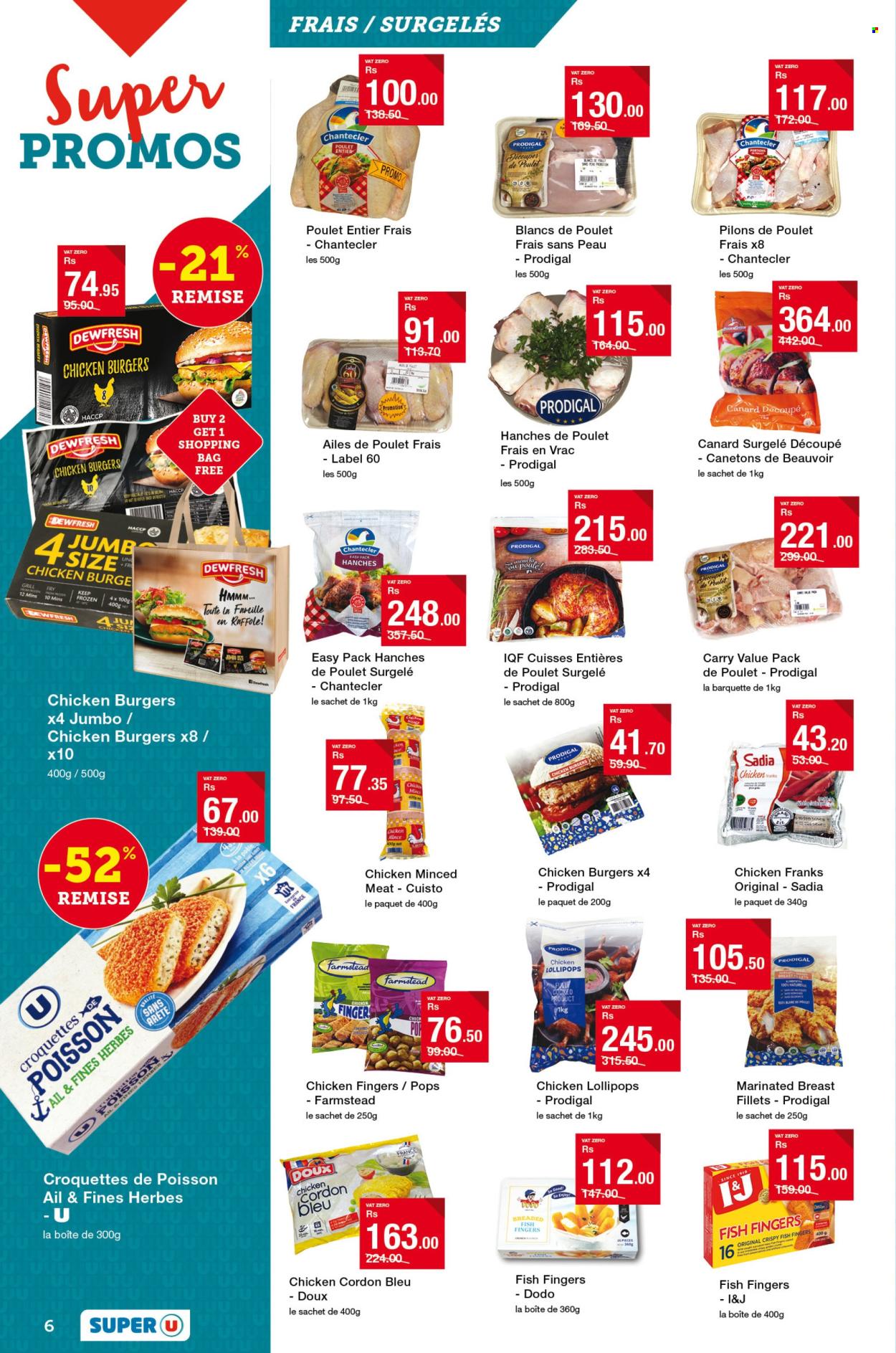 thumbnail - Super U Catalogue - 25.04.2024 - 8.05.2024 - Sales products - hamburger, fish fingers, breaded fish, ready meal, chicken frankfurters, frankfurters, cordon bleu, croquettes, lollipop, ground chicken, bag, label. Page 6.