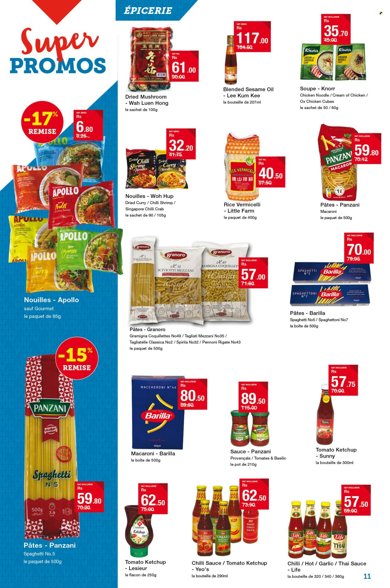 thumbnail - Super U Catalogue - 25.04.2024 - 8.05.2024 - Sales products - seafood, shrimps, crab cake, spaghetti, chicken soup, macaroni, soup, pasta, instant noodles, noodles cup, noodles, flour, rice vermicelli, ketchup, chilli sauce, Lee Kum Kee, sesame oil, pot, pin, Dell, Knorr, sauce, Barilla. Page 11.