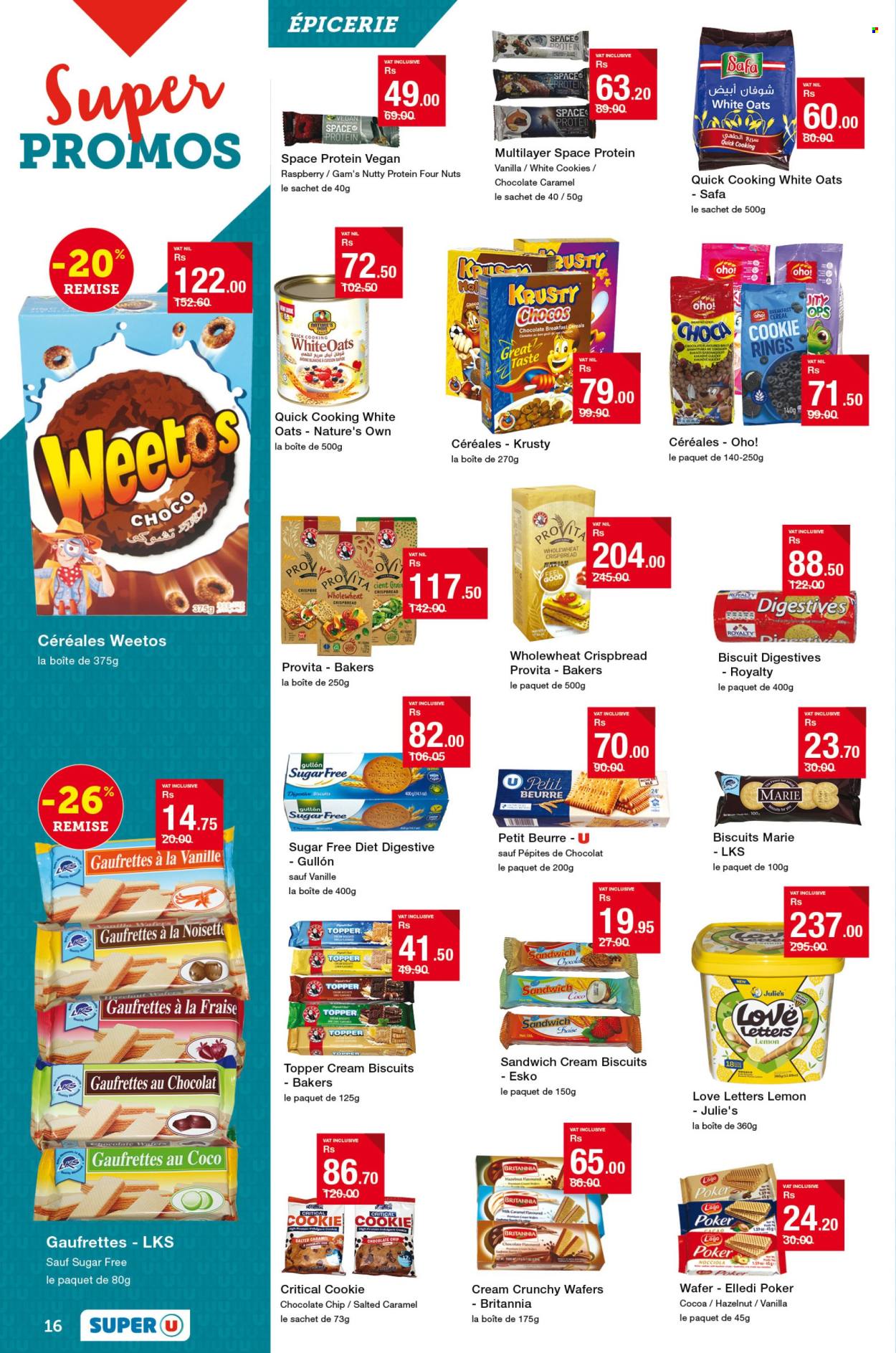 thumbnail - Super U Catalogue - 25.04.2024 - 8.05.2024 - Sales products - crispbread, lemons, cookies, wafers, biscuit, Julie's, Digestive, oats, cereals, Bakers, Nature's Own. Page 16.