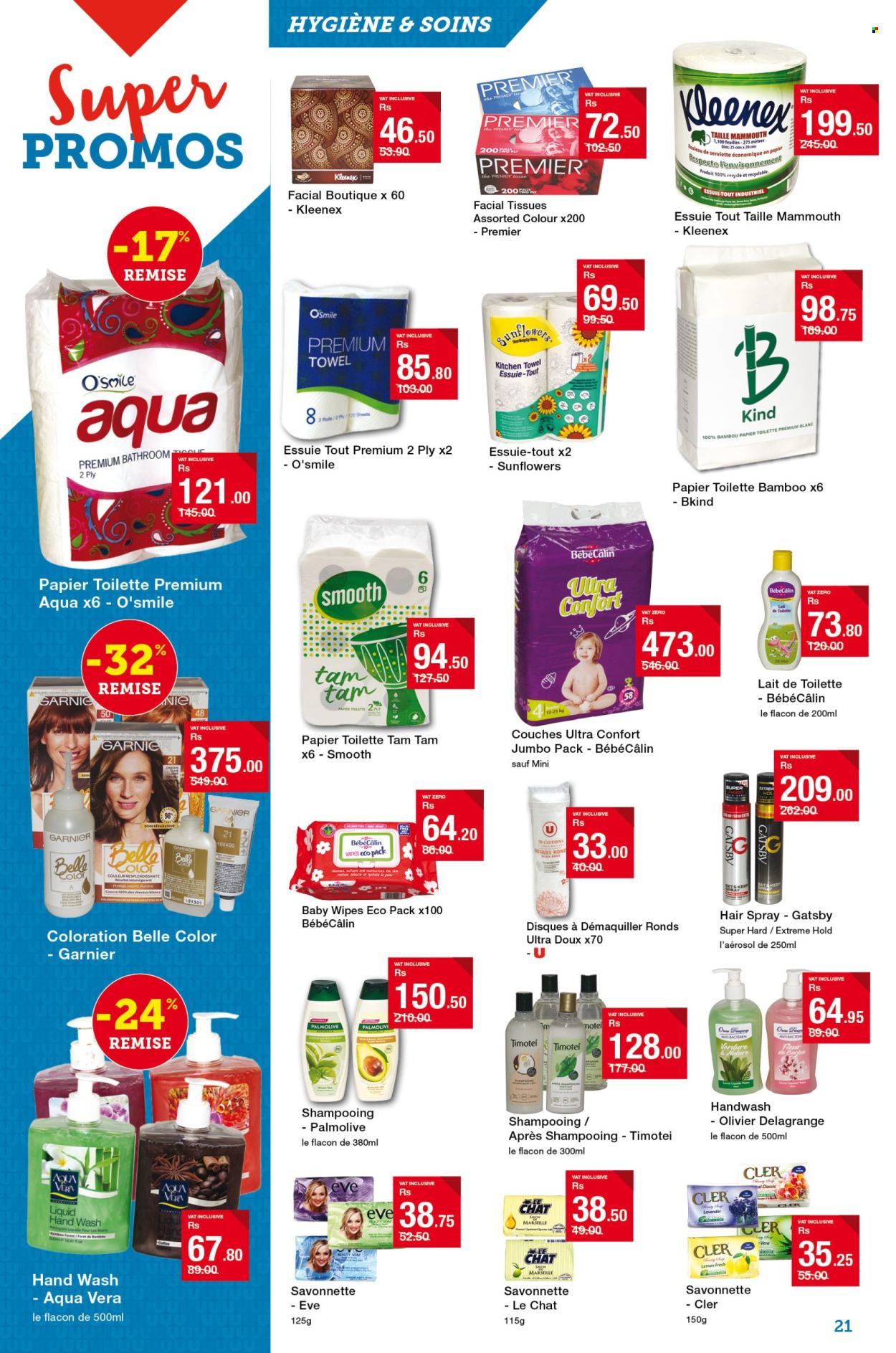 thumbnail - Super U Catalogue - 25.04.2024 - 8.05.2024 - Sales products - lemons, coffee, wipes, baby wipes, Kleenex, tissues, kitchen towels, hand wash, Palmolive, facial tissues, hair styling product, Garnier. Page 21.