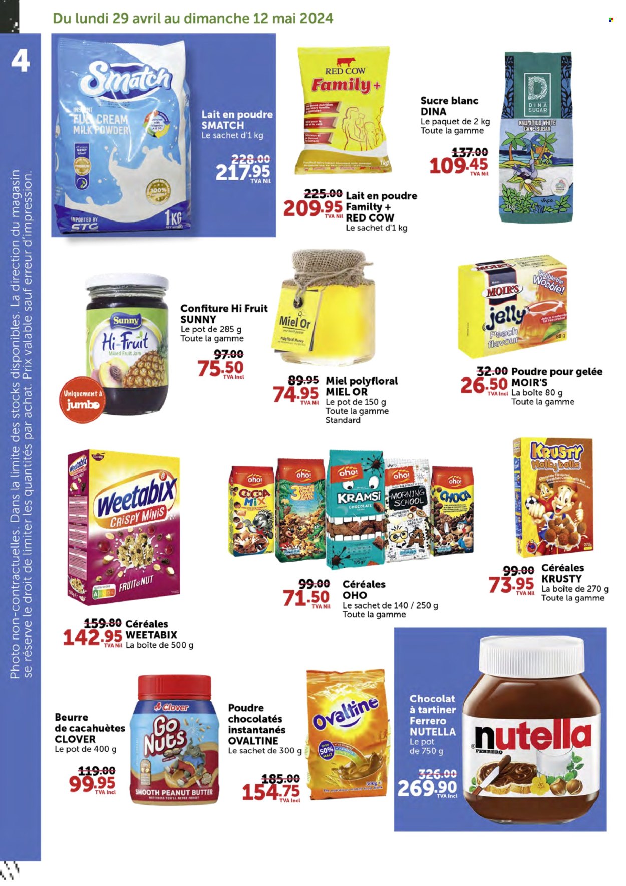 thumbnail - Jumbo Catalogue - 29.04.2024 - 12.05.2024 - Sales products - jelly, Clover, milk powder, cookies, chocolate, cocoa, sugar, malt, Weetabix, fruit jam, peanut butter, hazelnut spread, jam, Nutella, Ferrero Rocher. Page 4.
