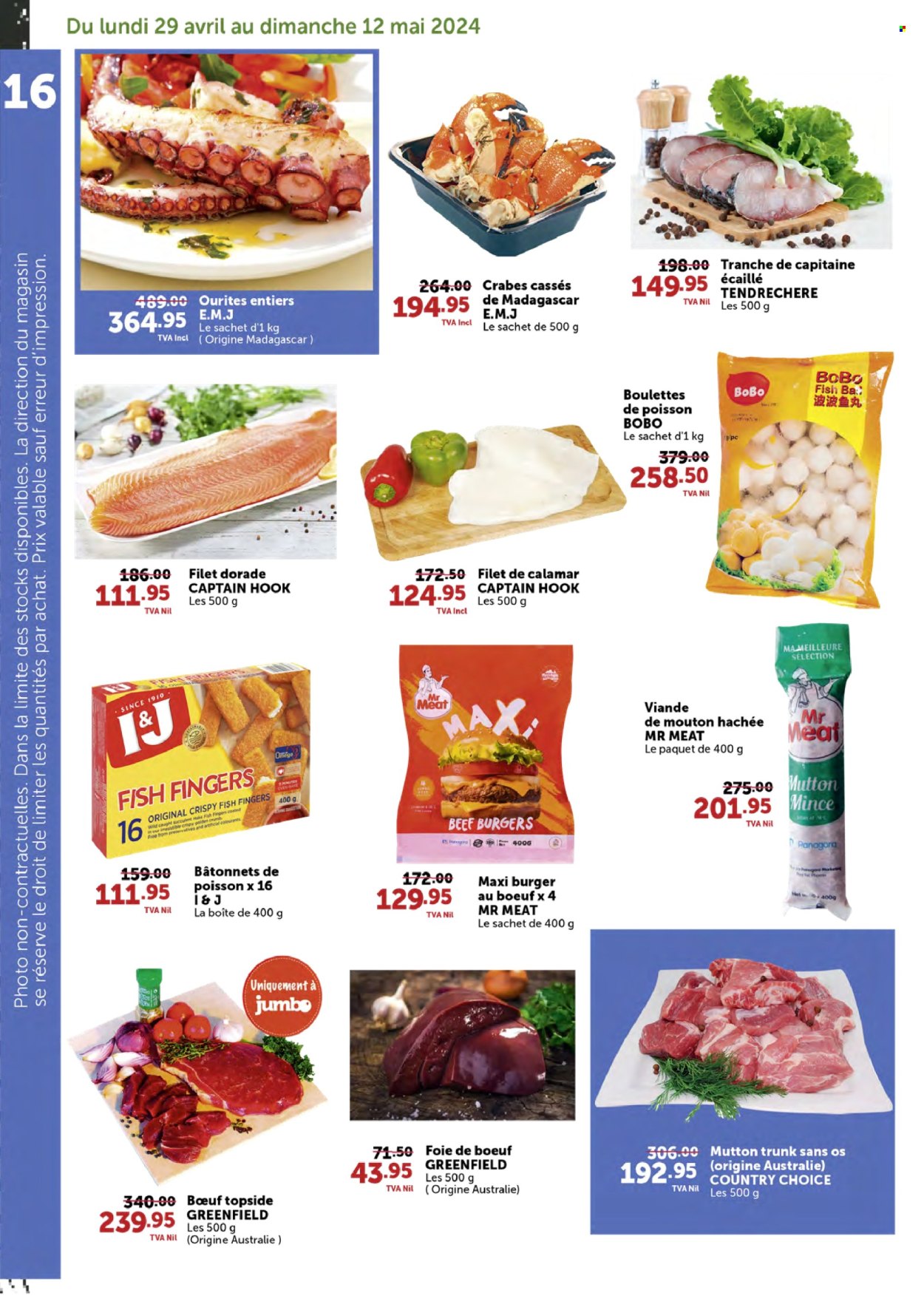 thumbnail - Jumbo Catalogue - 29.04.2024 - 12.05.2024 - Sales products - hake, hamburger, fish fingers, beef burger, mutton meat, hook. Page 16.