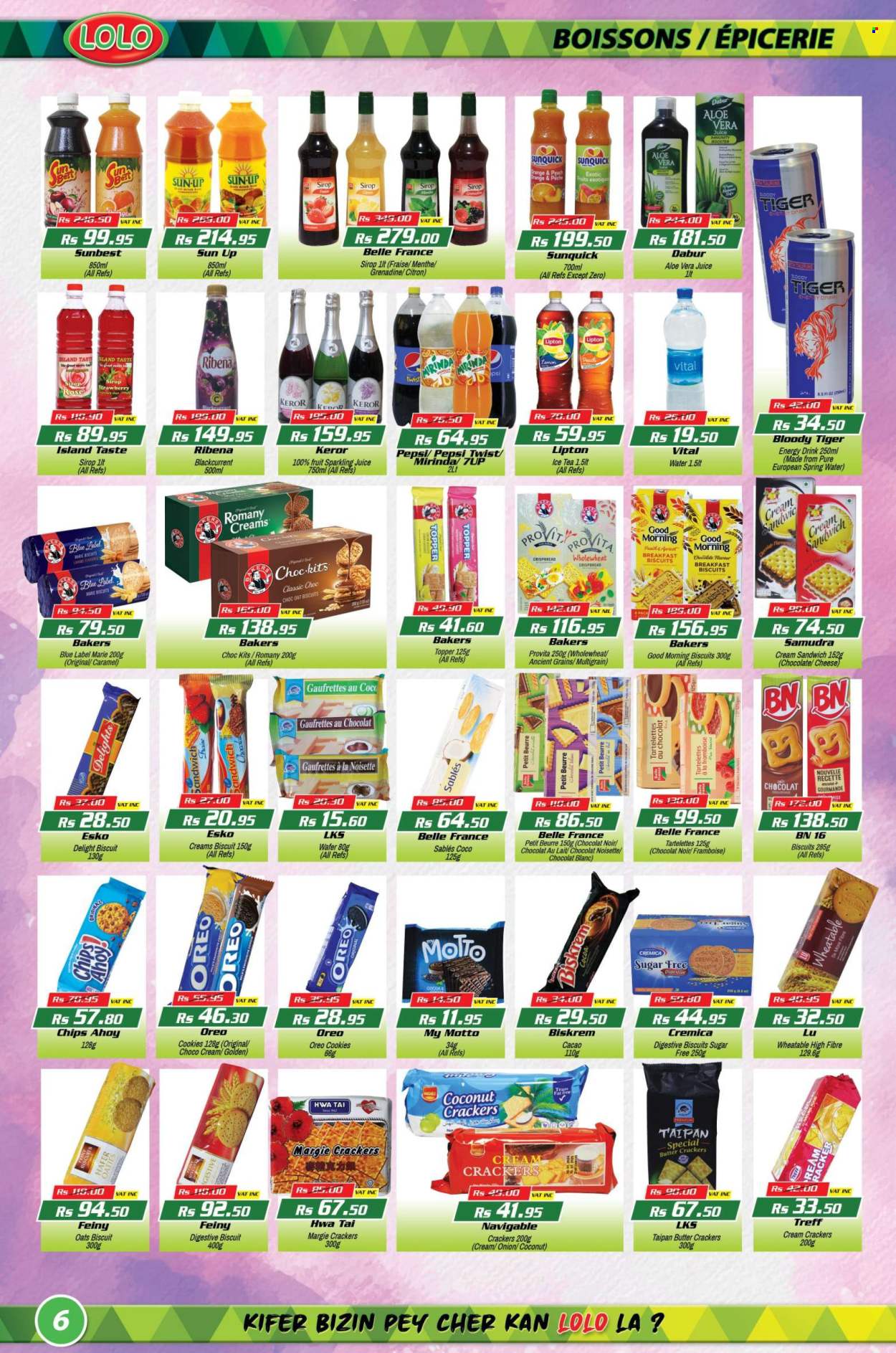 thumbnail - LOLO Hyper Catalogue - 27.04.2024 - 15.05.2024 - Sales products - crispbread, onion, Oreo, cookies, wafers, crackers, biscuit, Digestive, oats, Dabur, caramel, Pepsi, juice, energy drink, ice tea, soft drink, 7UP, sparkling juice, Ribena, spring water, water, grenadine, aloe vera, carbonated soft drink, Bakers, rose, Lipton. Page 6.