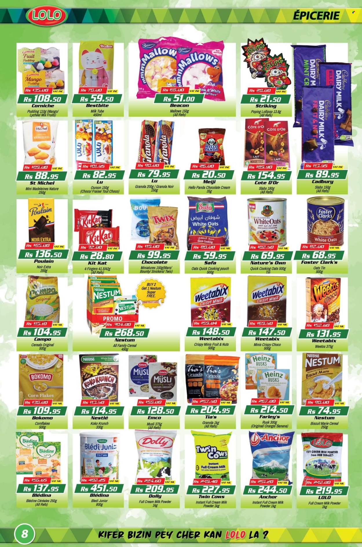 thumbnail - LOLO Hyper Catalogue - 27.04.2024 - 15.05.2024 - Sales products - sweet bread, rusks, Anchor, blueberries, lychee, pudding, milk powder, cookies, marshmallows, chocolate, Snickers, Twix, Bounty, Mars, KitKat, lollipop, biscuit, Cadbury, Dairy Milk, cereals, granola, corn flakes, muesli, Weetabix, panda, Nature's Own, Nestlé, Heinz. Page 8.